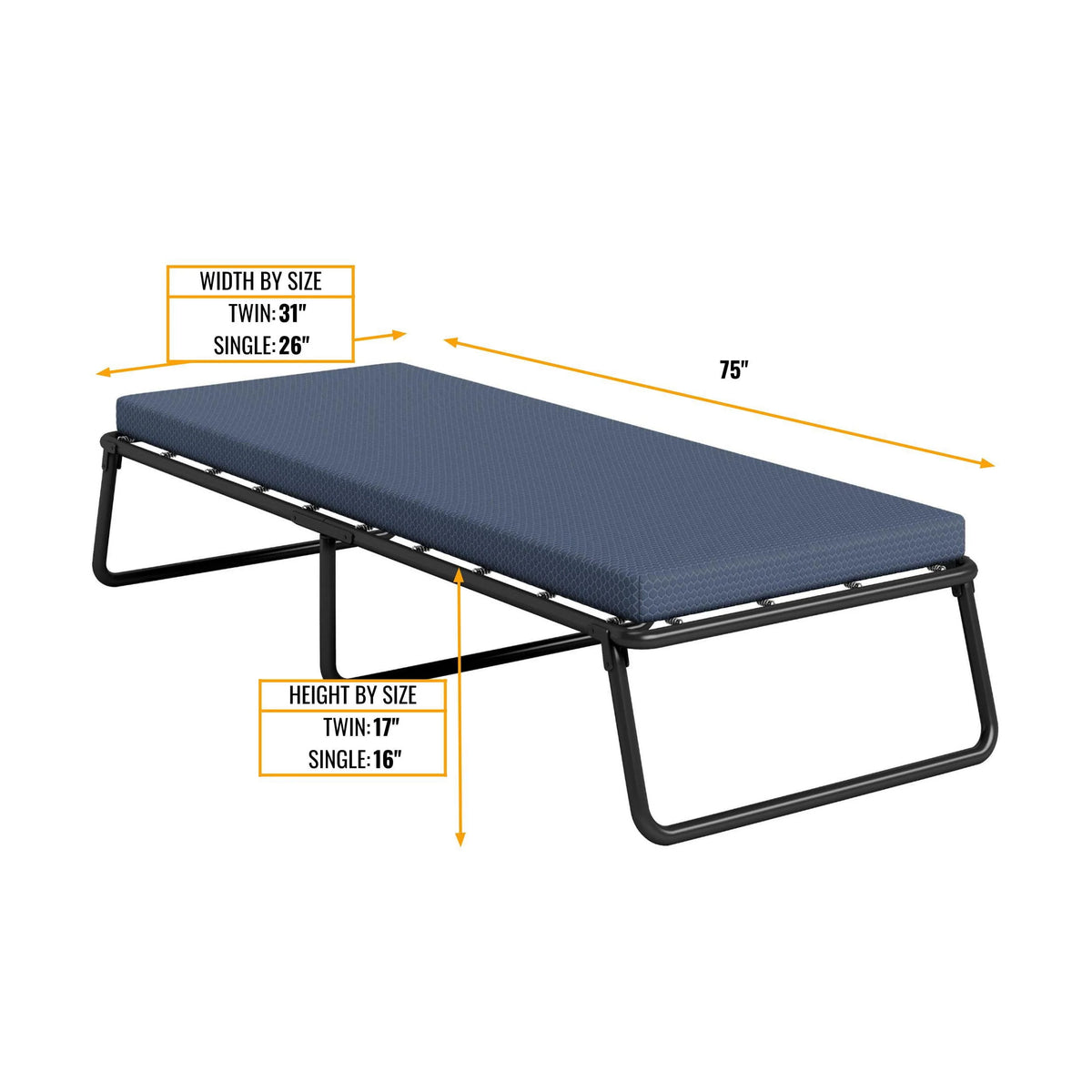 Henredon Folding Guest Bed Cot with 3" Gellux® Cooling Gel Foam Mattress, Twin