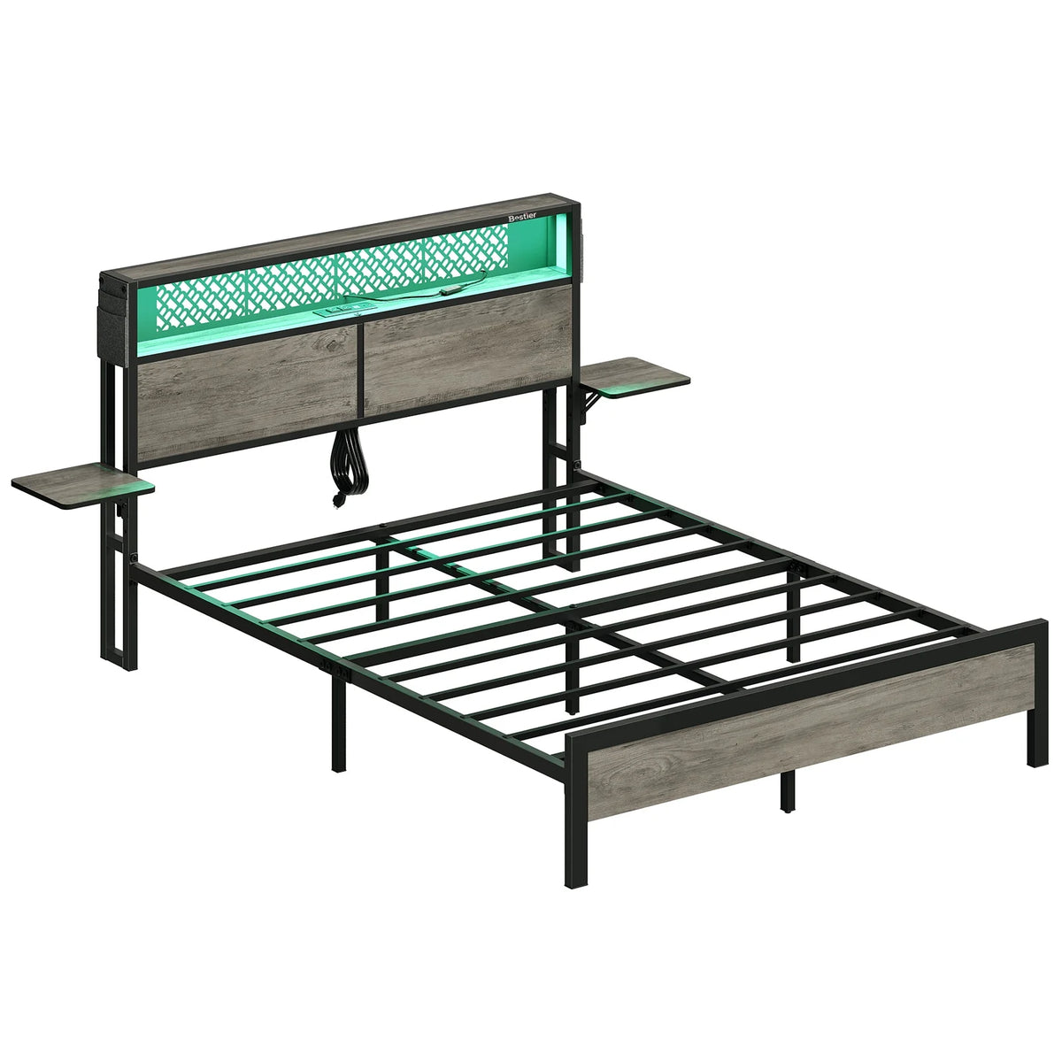 Bestier Queen Size Platform Bed Frame with Wood Foldable Bedside Shelves and LED Storage Headboard Charge Station, Gray