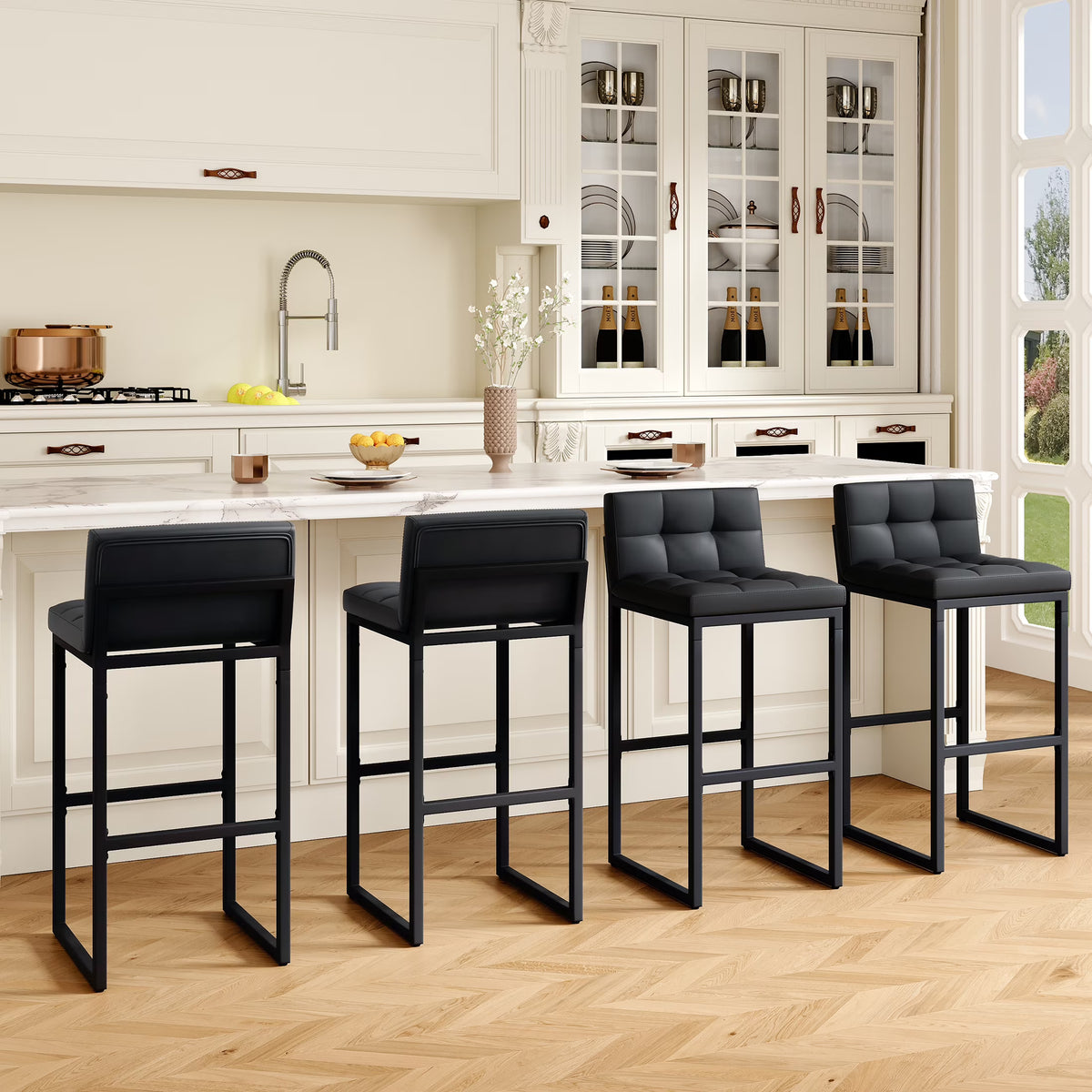 FIRAVOE Bar Stools Set of 3, Counter Height Bar Stools (Low Back)(Thickened Frame) 26" PU Leather Barstools Bar Chairs for Kitchen Island, Black