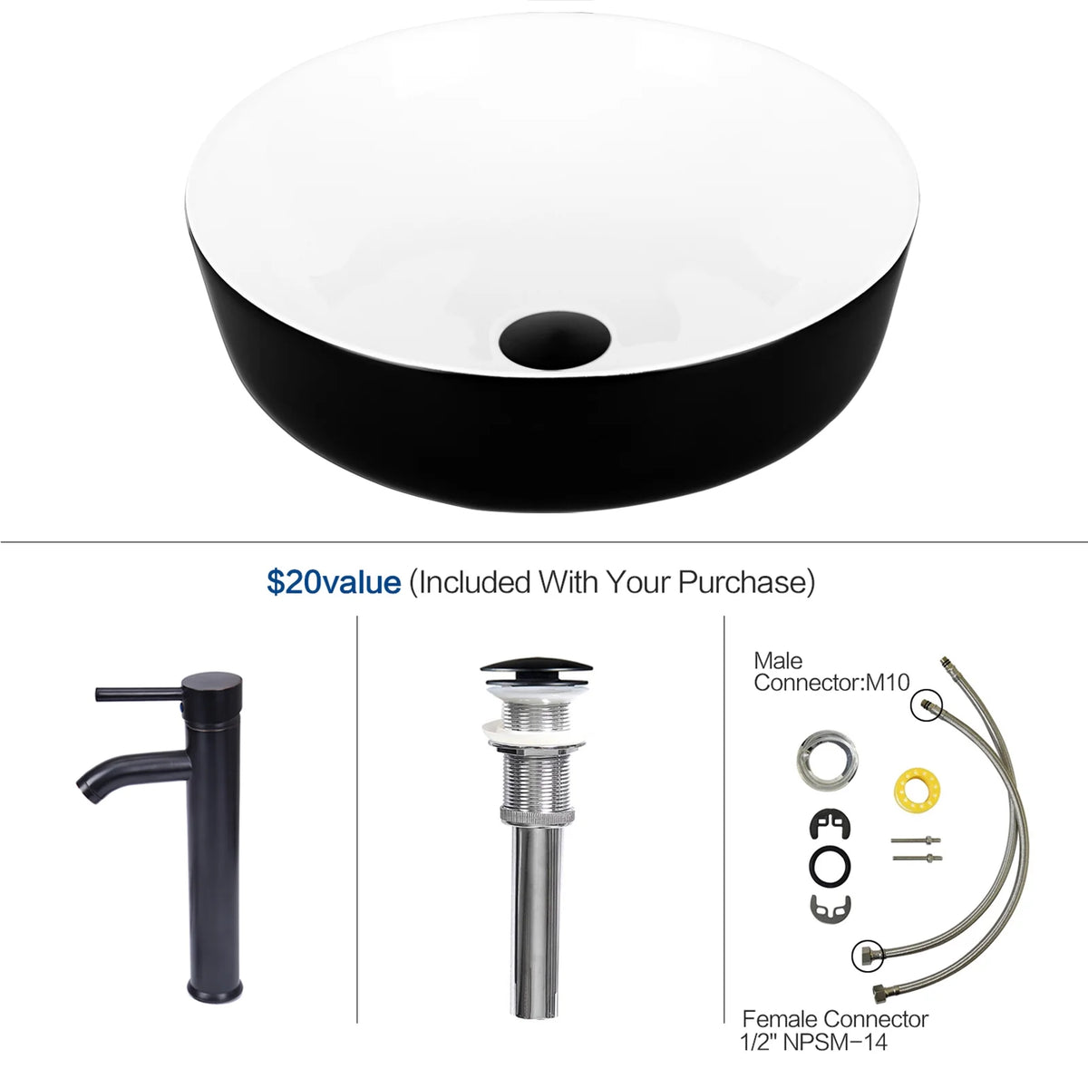 FULLWATT Bathroom Ceramic Sink Vanity Vessel Basin Porcelain Faucet Drain Combo Rectangle,White