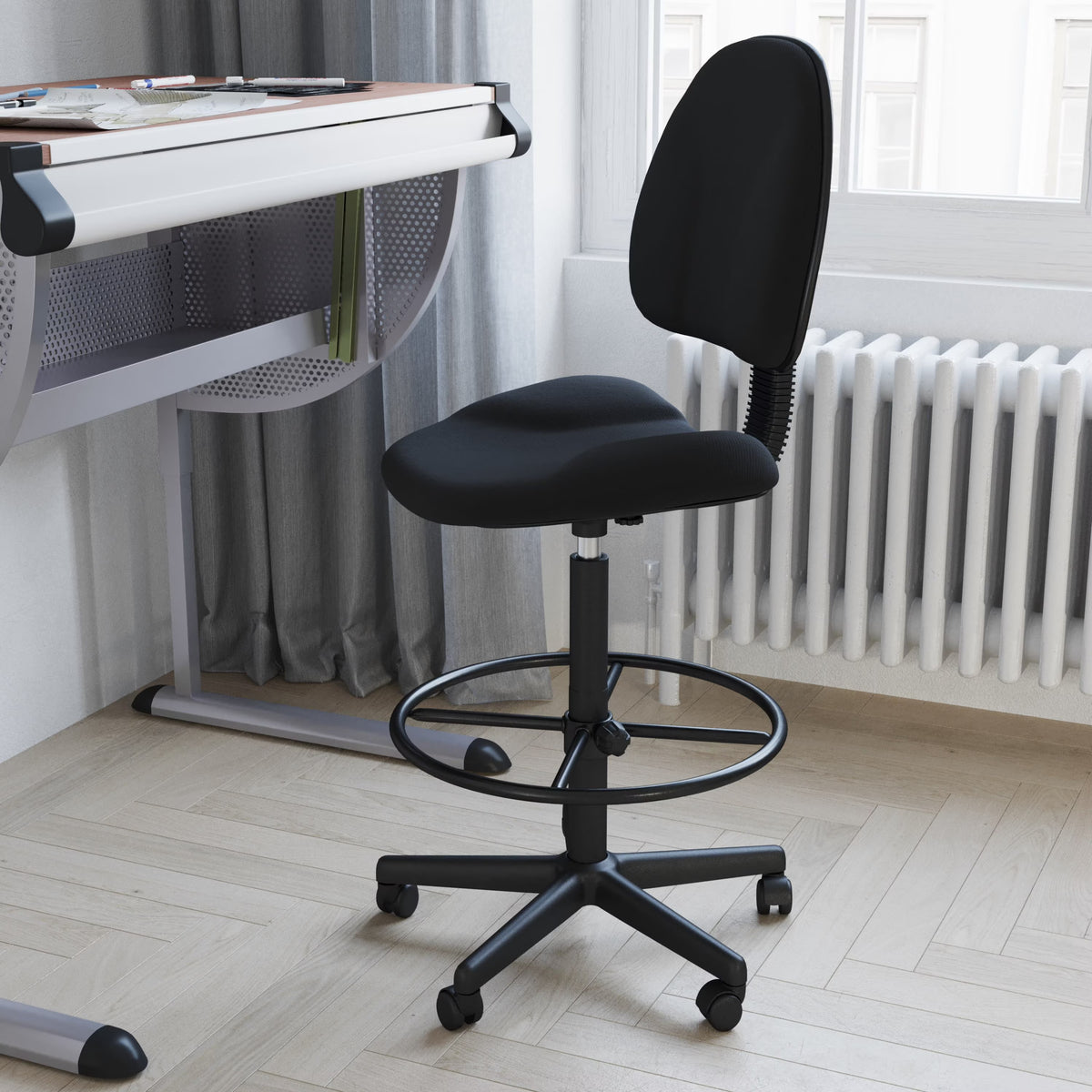 Emma  Oliver Black Fabric Drafting Chair (Cylinders: 22.5"-27"H, 26"-30.5"H)