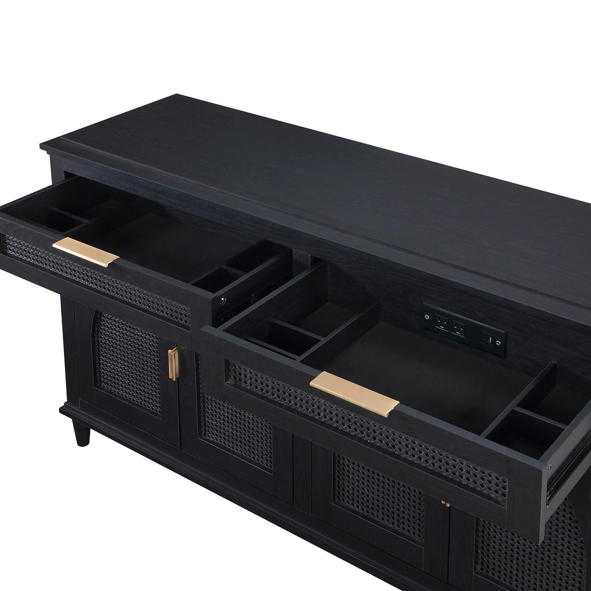 Beautiful Drew Rattan Media Console with Teched Away Drawer by Drew Barrymore, Warm Honey Finish