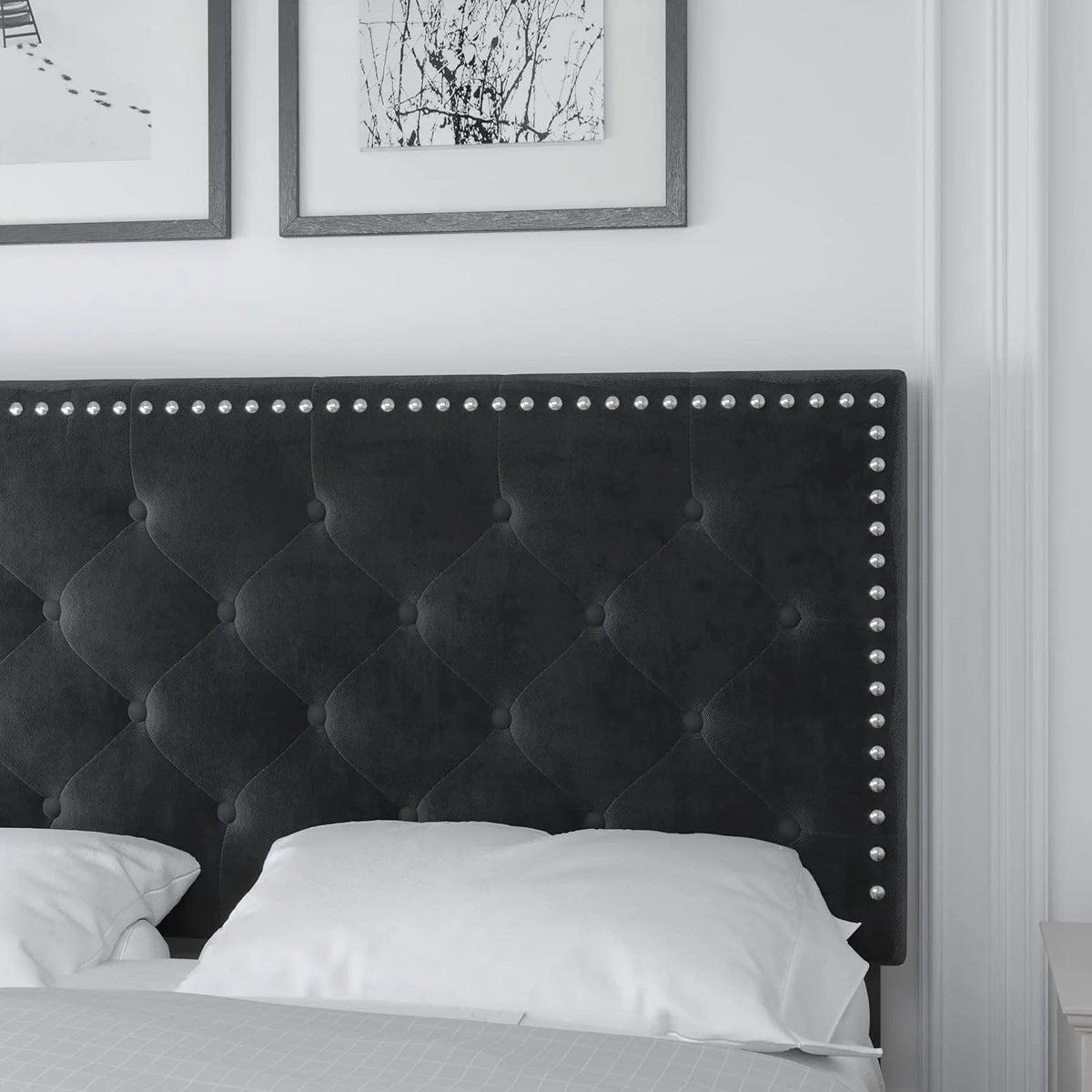 Catrimown Full Bed Frame, Upholstered Platform Bed Frame with Adjustable Button Tufted Nailhead  Headboard, Black