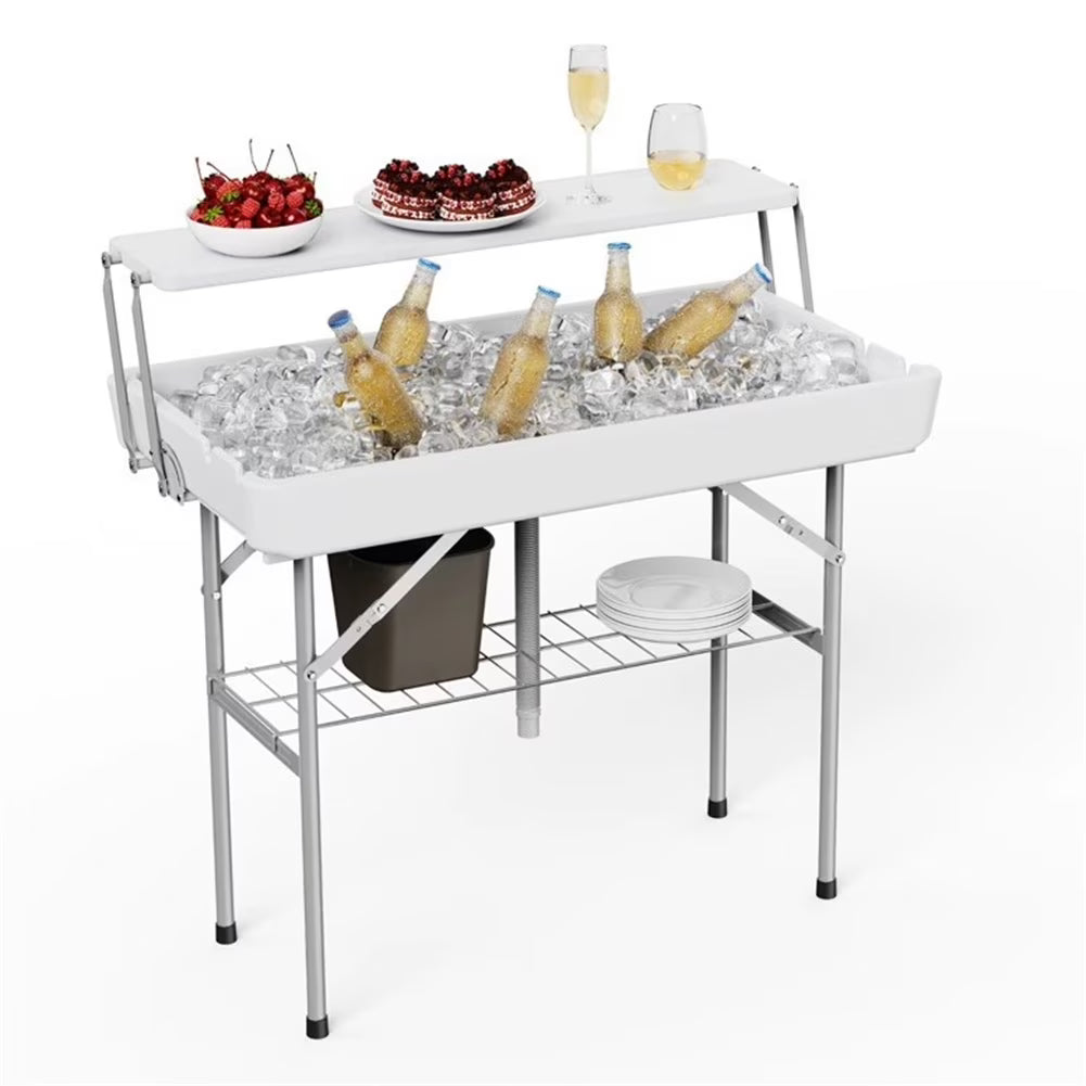 Ataucjin Outdoor Ice Cooler Folding Table with Drain, Two-Tier Ice Tables with Removable Skirt and Extra Storage Shelf, Indoor Outdoor Use for Events, Parties, Wedding, Camping, BBQ, White