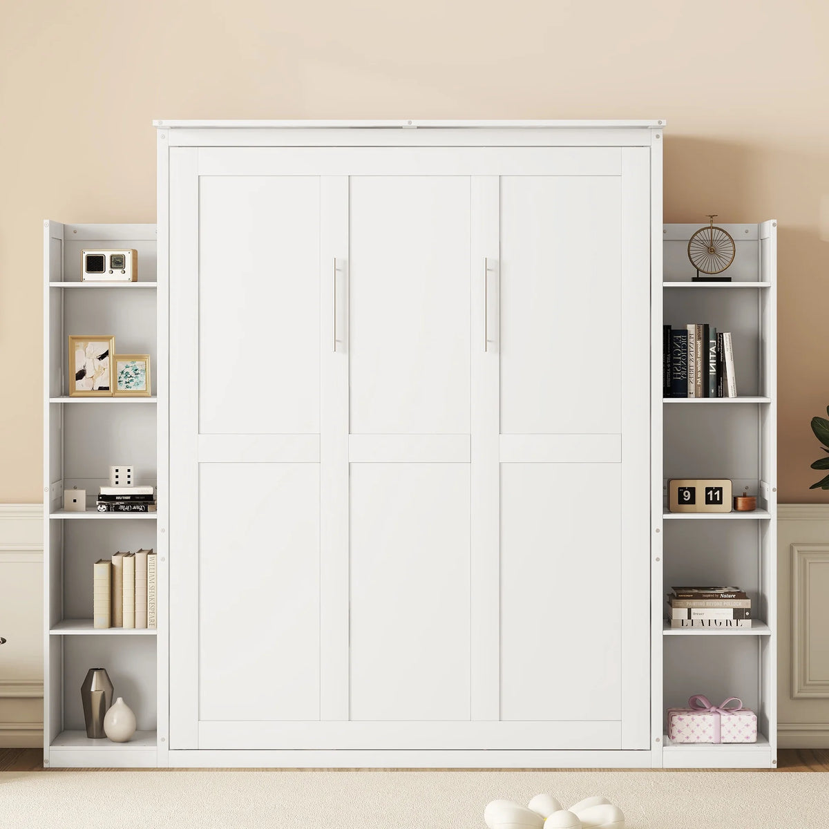 Harper & Bright Designs Full Size Murphy Bed with Shelves, Foldable Wall Bedframe w/Flexible Slats Support, Space-Saving Design, Can Be Folded Into Cabinet, White