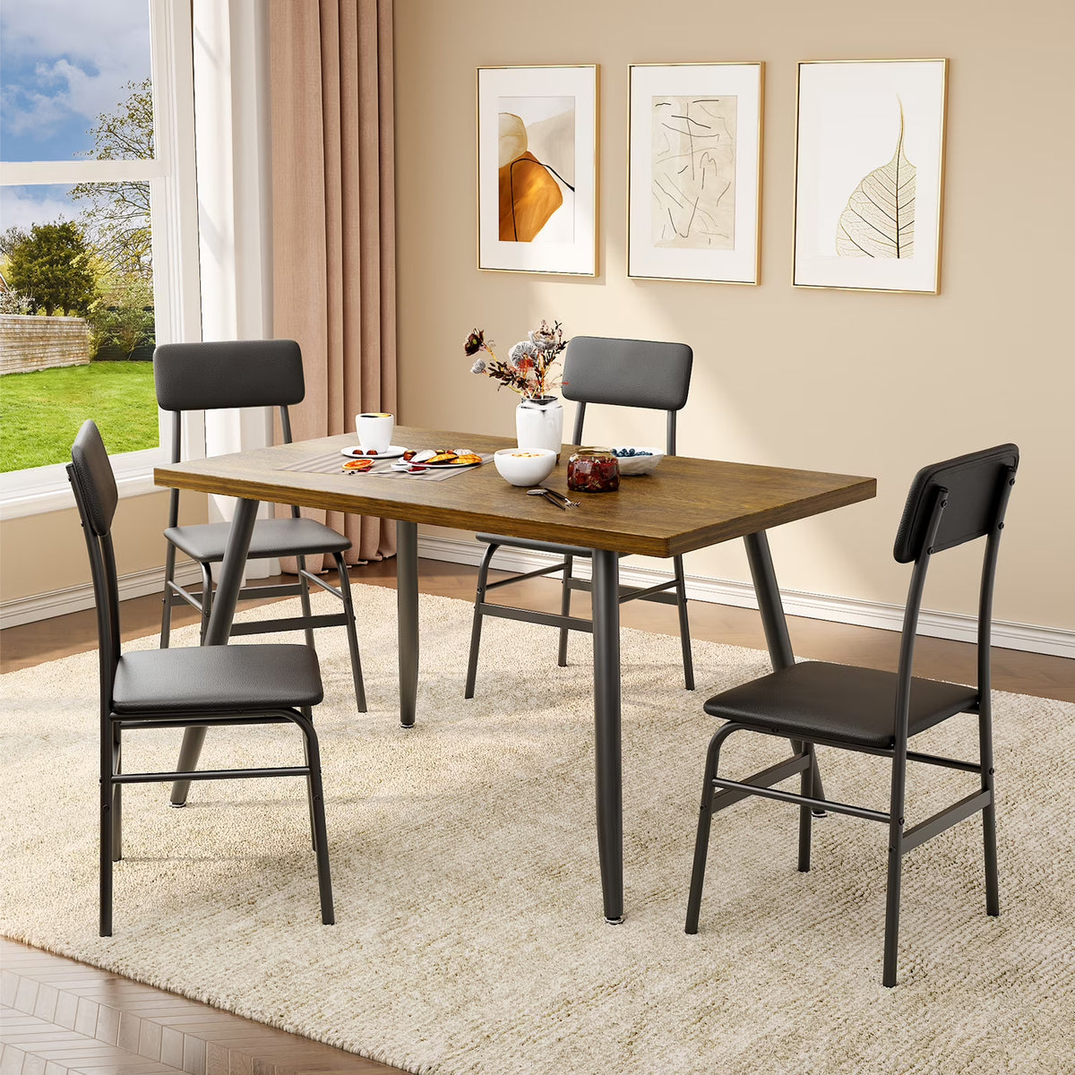Aiho 5-Piece Modern Dining Set, Metal & Wood Table & 4 Chairs, Space-Saving for Small Spaces & Apartments, Retro
