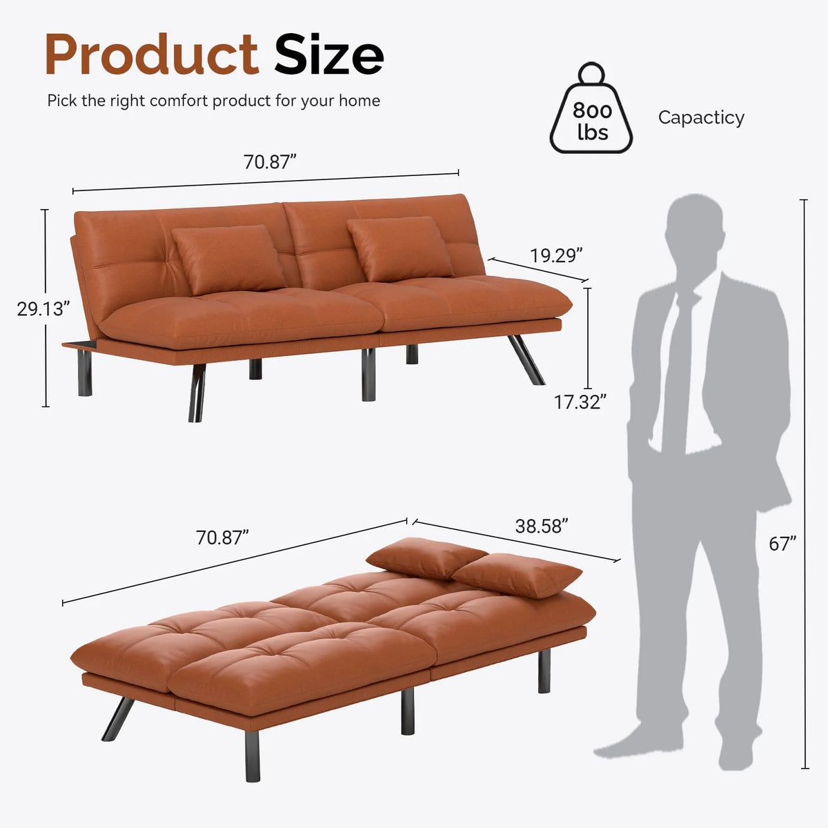 70���� Convertible Futon Sofa Bed Folding Bed Sleeper Couch for Living Room, Small Space or Office, Light Grey