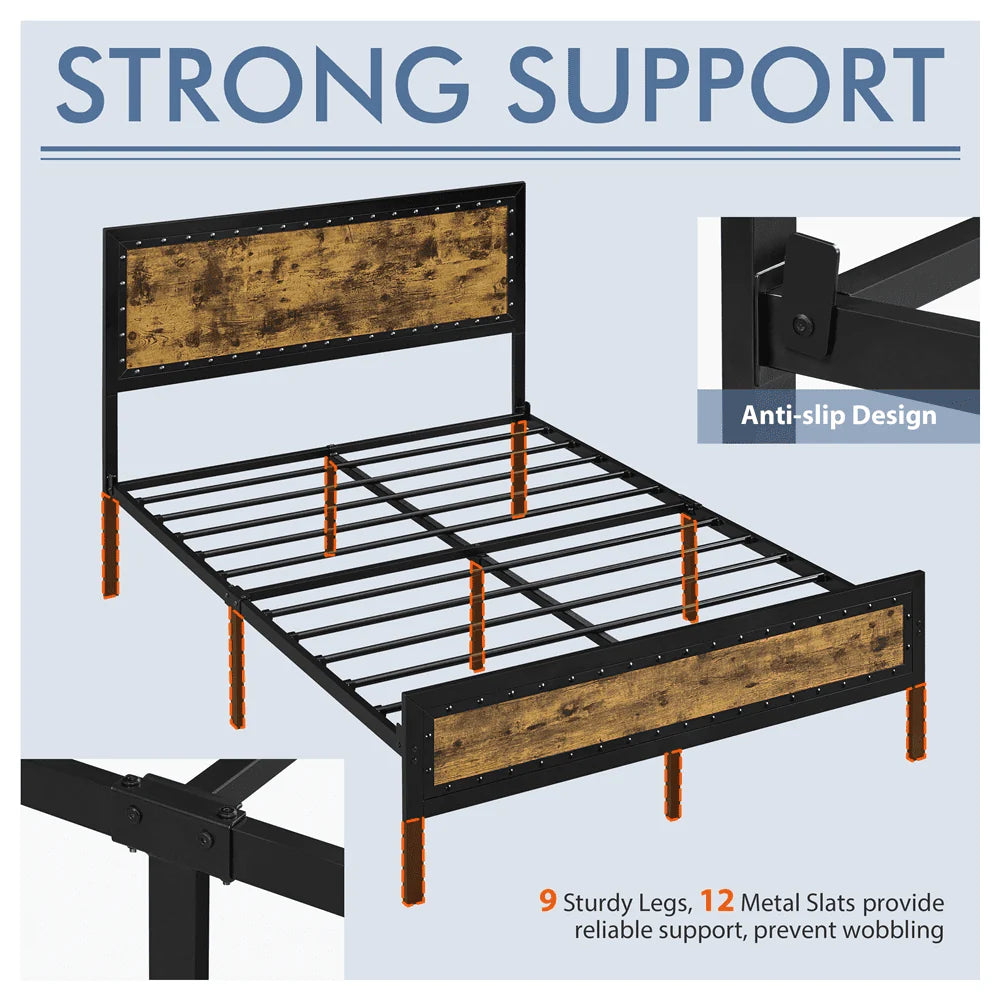 Topeakmart Industrial Metal Bed Frame with Wooden Headboard and Footboard, Full Size, Rustic Brown