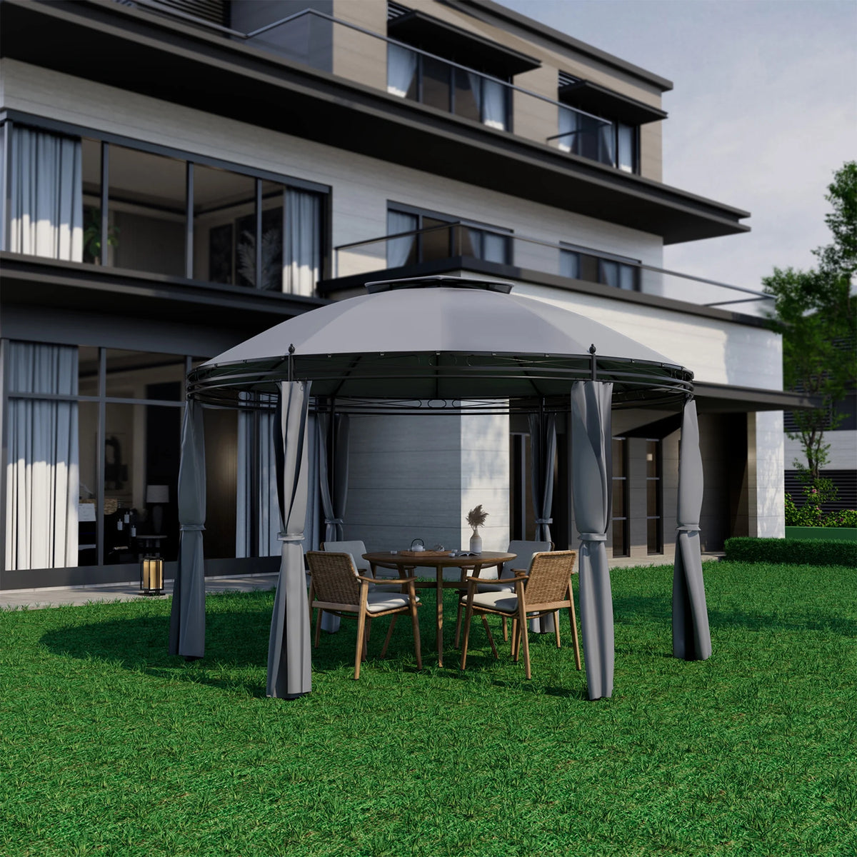 Gymax 11.5' Outdoor Patio Round Dome Gazebo Canopy Shelter Double Roof Steel Gray