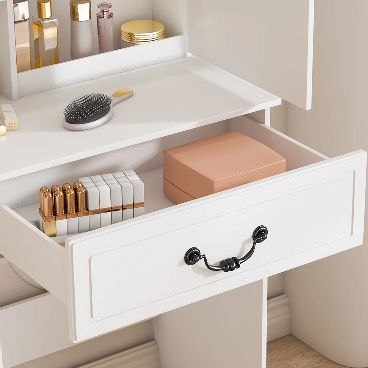 Aukfa Makeup Vanity Set with Power Outlet, Mirror & Adjustable LED Lights for Small Bedroom,White