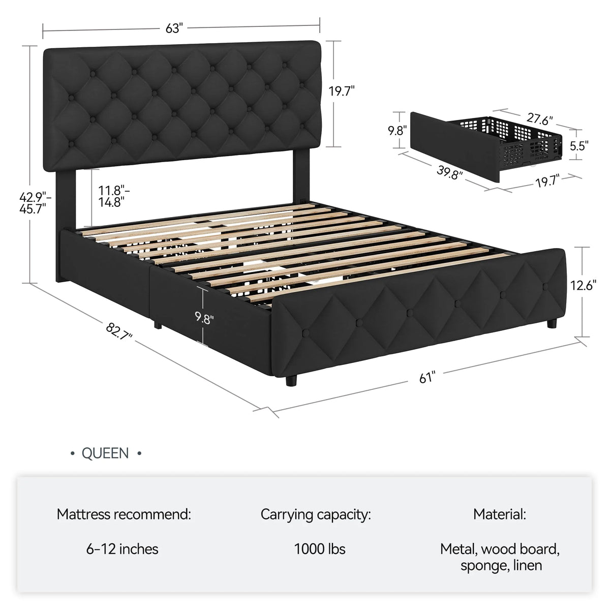 TROPOW Full Size Bed Frame,with 4 Storage Drawers and Adjustable Headboard, Linen Upholstered Platform Bed Frame, Diamond Stitched Button Tufted, No Box Spring Needed,White