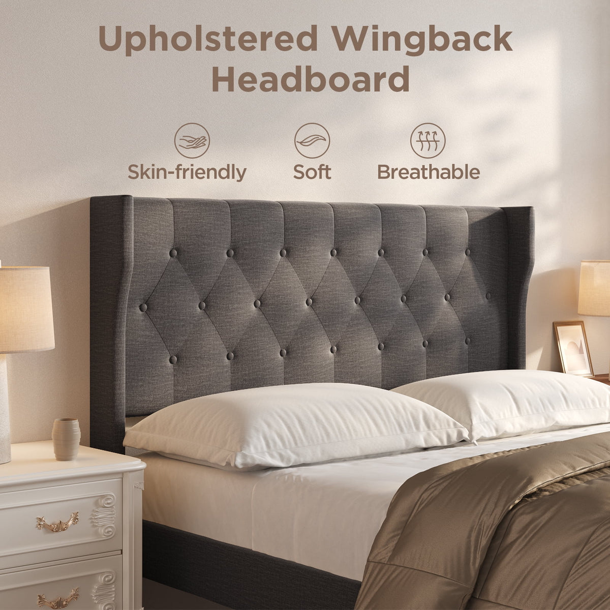 Lofka Queen Size Bed Frame with Upholstered Wingback Headboard Beige Finish