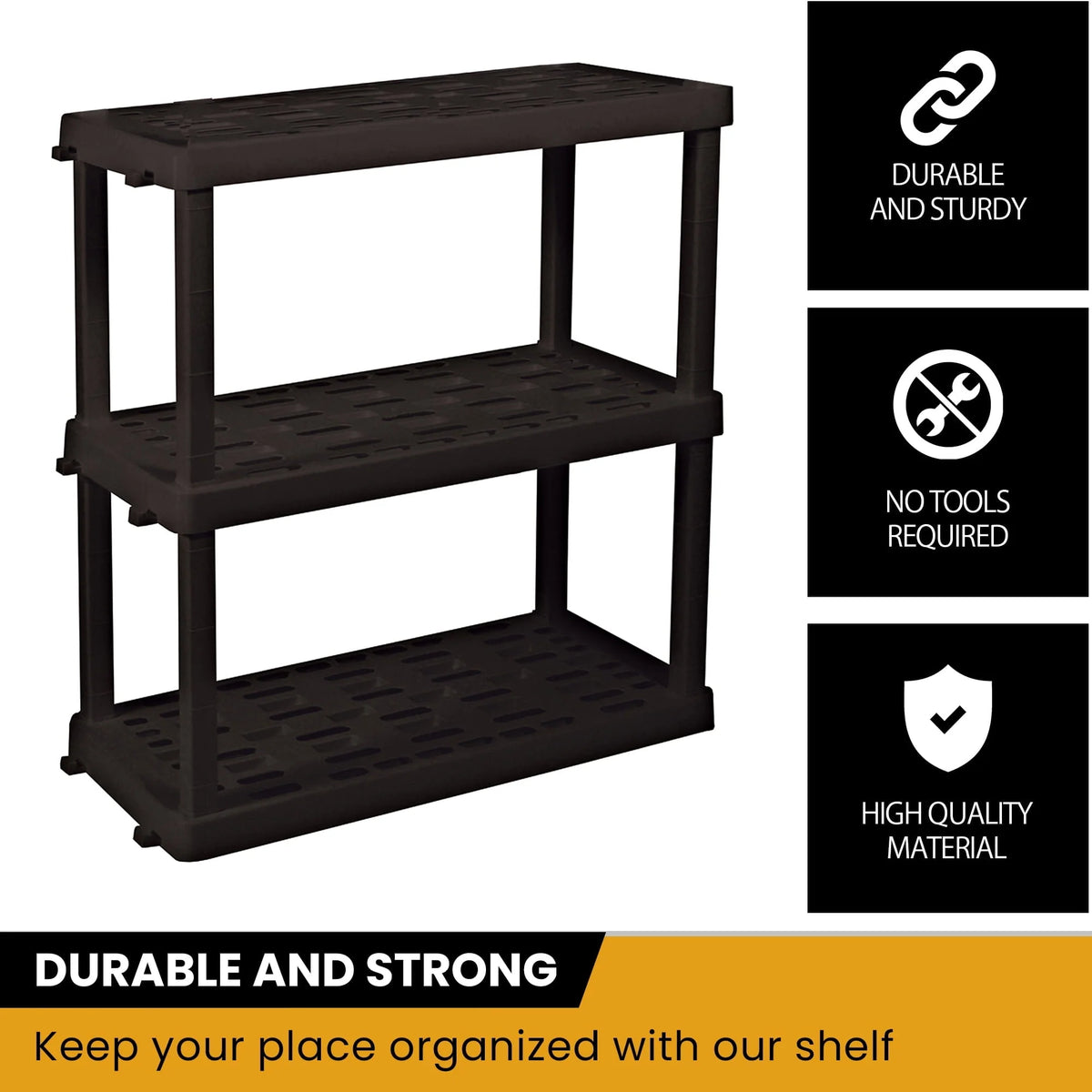 Hyper Tough Large 3-Tier Shelving Unit, W36 x D18 x H38" Interlocking Multipurpose Garage Plastic Shelf Organizer, Black