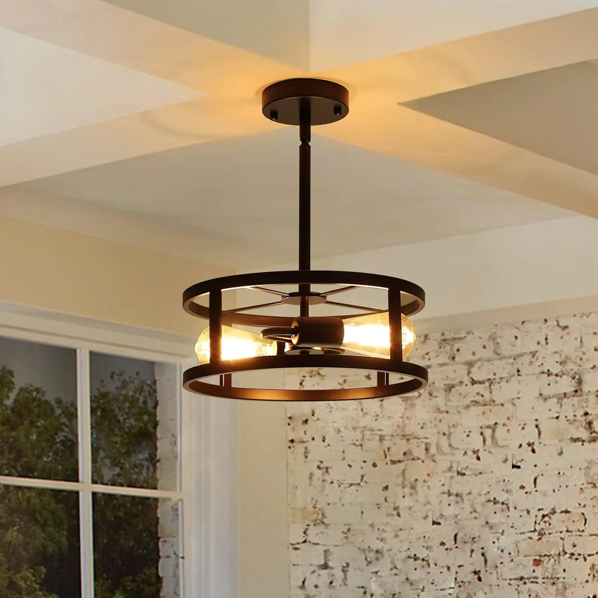 Industrial Black Semi Flush Mount Ceiling Light,Farmhouse Kitchen Light Fixtures,2 Light Metal Ceiling Light Fixture,Sloped Ceiling Light Fixture for Dining Romm Hallway Entryway