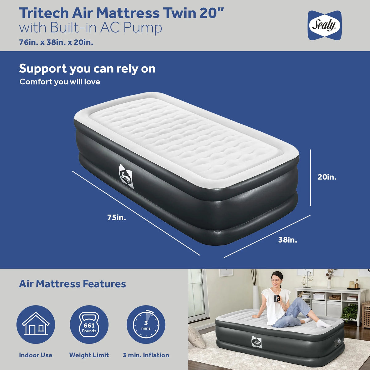 Open Box Sealy Tritech 20" Inflatable Mattress Twin Airbed w/ Built-In Pump