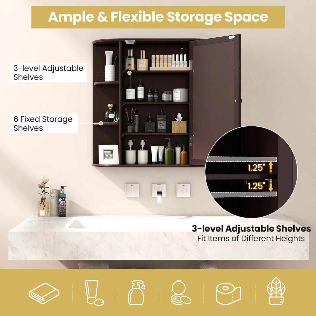 Costway, White, Medium Density Fiberboard, Multipurpose Mount Wall Surface Cabinet Mirror Glass, 26.00 x 6.50 x 23.50 Inches