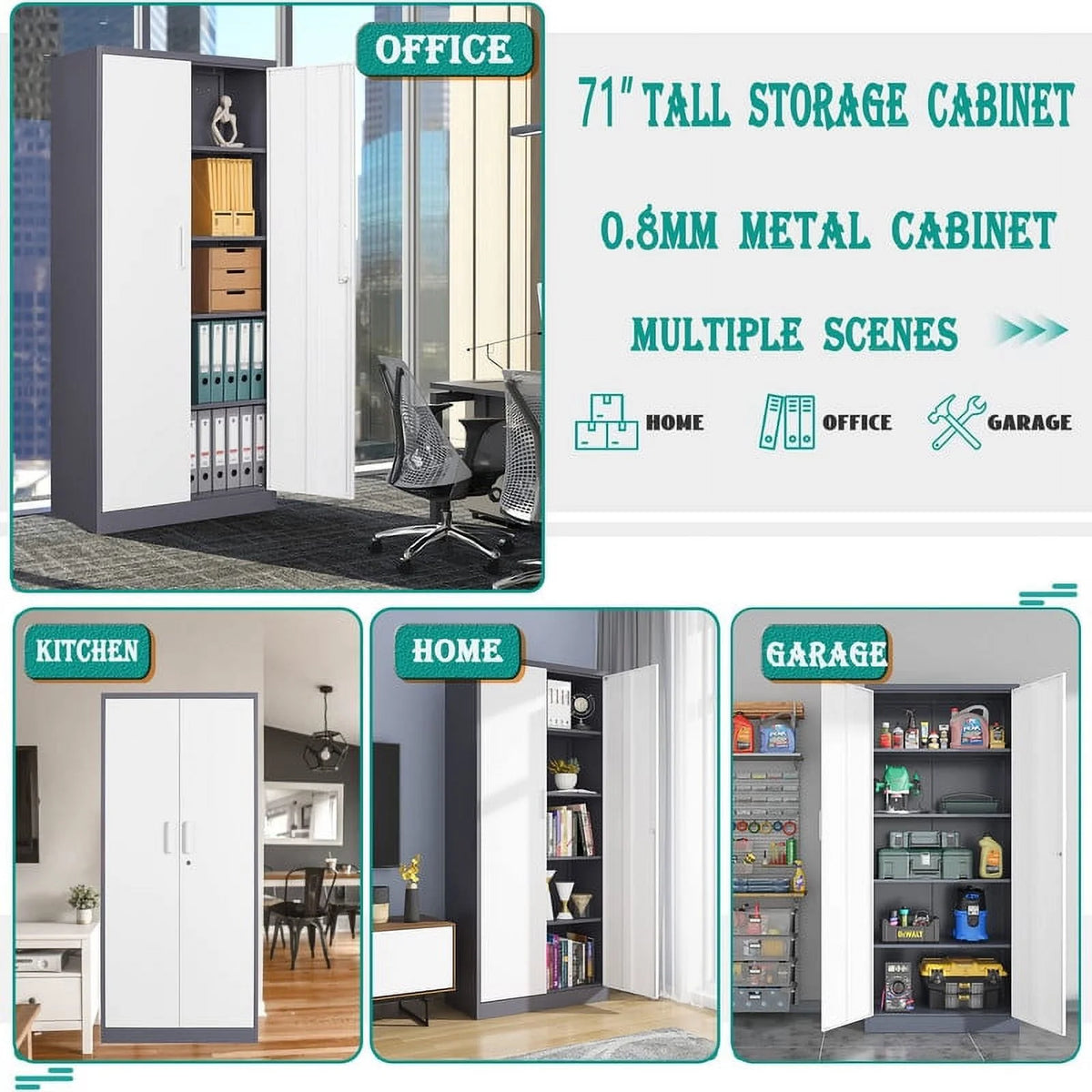 MIIIKO Metal Storage Cabinet 71" Locking Metal Storage Cabinet with 5 Adjustable Shelves, Black Metal Cabinet with 2 Doors and Lock for Office, Garage, Home