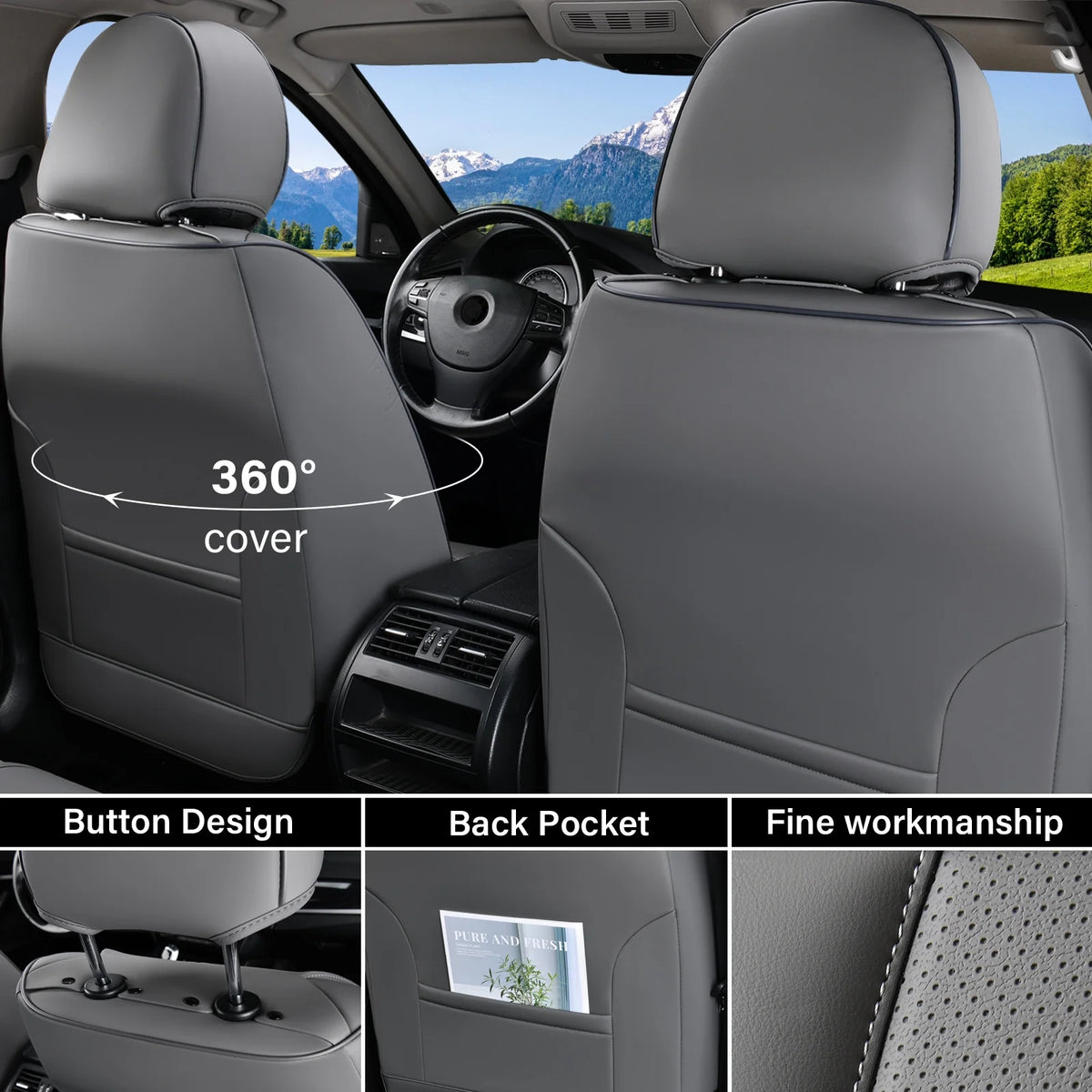 Coverado Black Front Car Seat Covers, Stylish Waterproof Premium Leather Automotive Seat Protectors, Airbag Compatible Auto Interior Accessories Universal Fit for Most Cars SUV Pick-up Trucks
