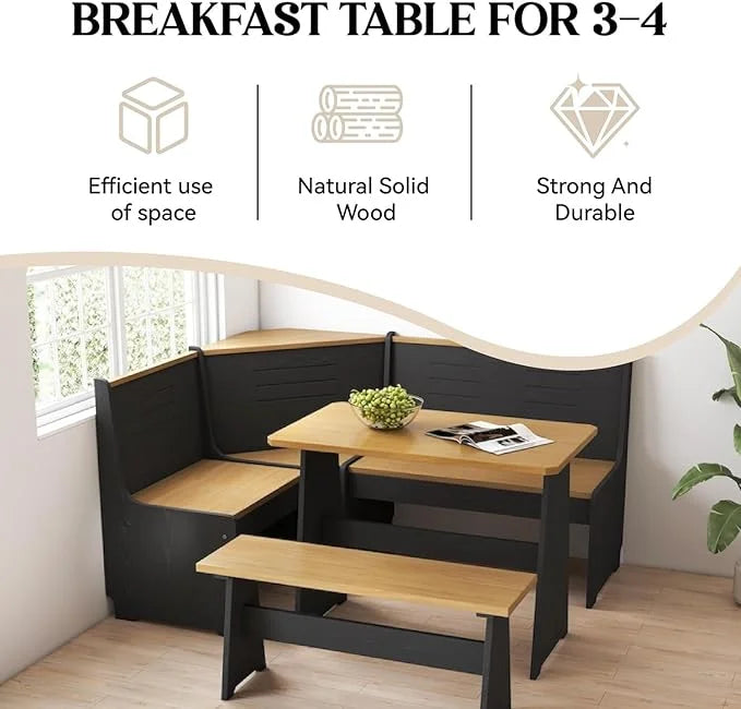 Breakfast Nook Kitchen Corner Dining Table Bench Chair Set, Space-Saving 3-4 Seat L-Shape Farmhouse Mid Century Modern Style for Family Home Black Wood