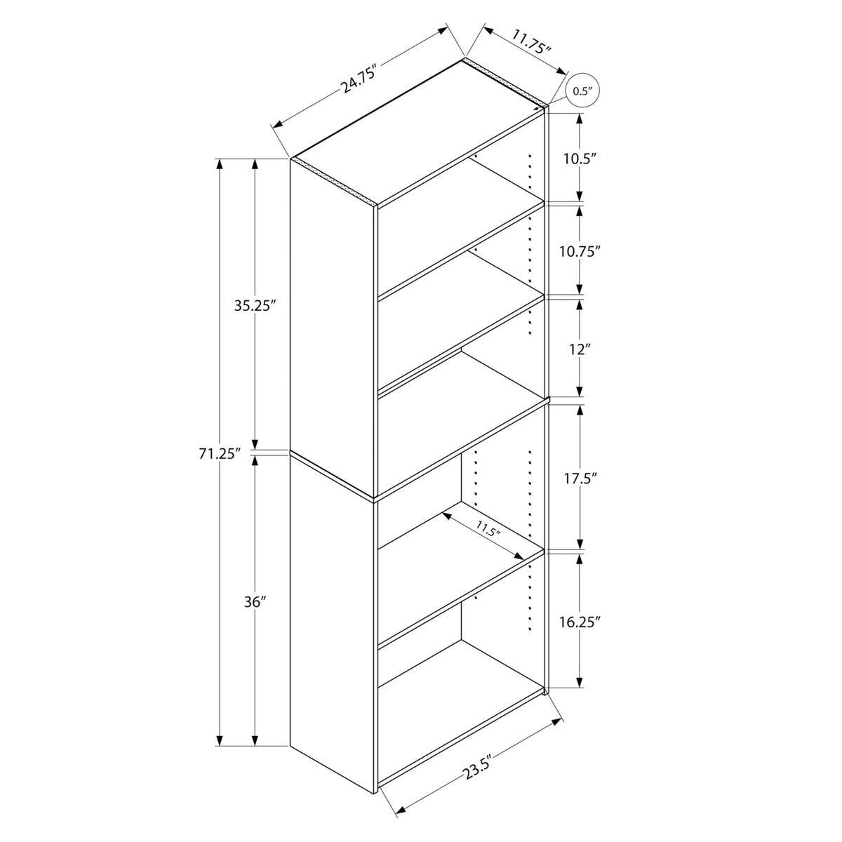Monarch Specialties Bookshelf, Bookcase, 6 Tier, 72"H, Office, Bedroom, Brown Laminate, Transitional
