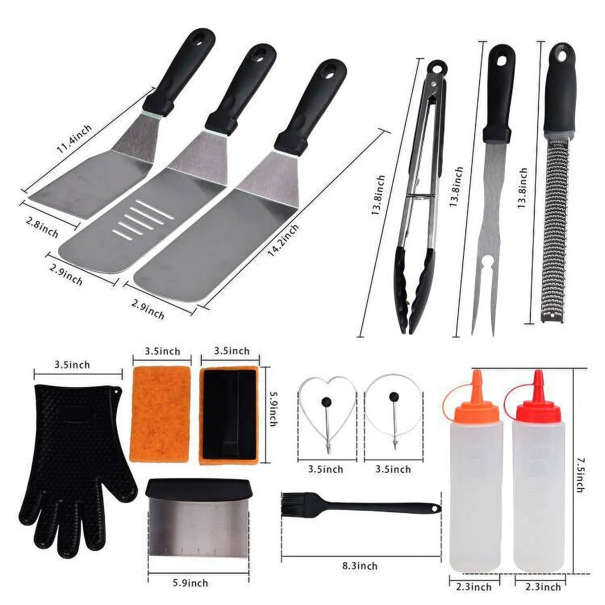 Griddle Accessories, 16 PCS Flat Top Grill Accessories Set for Blackstone and Camp, ROTTAY Stainless Steel BBQ Accessories with Spatulas, Tong, Egg Mold, Grater & Carry Bag for Outdoor BBQ