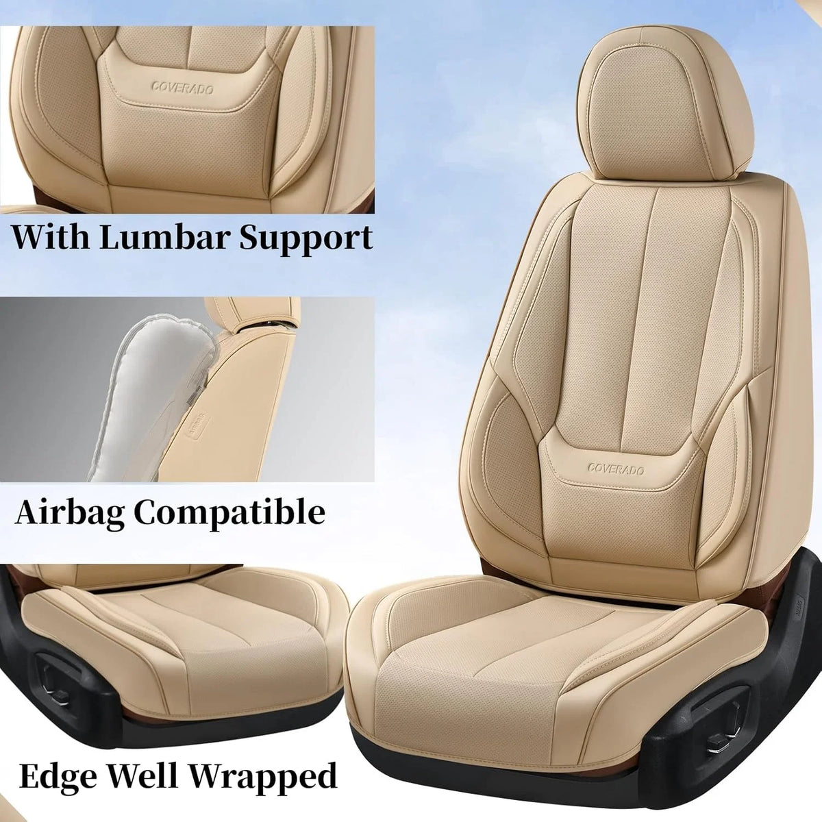 Coverado Black Front Car Seat Covers, Stylish Waterproof Premium Leather Automotive Seat Protectors, Airbag Compatible Auto Interior Accessories Universal Fit for Most Cars SUV Pick-up Trucks