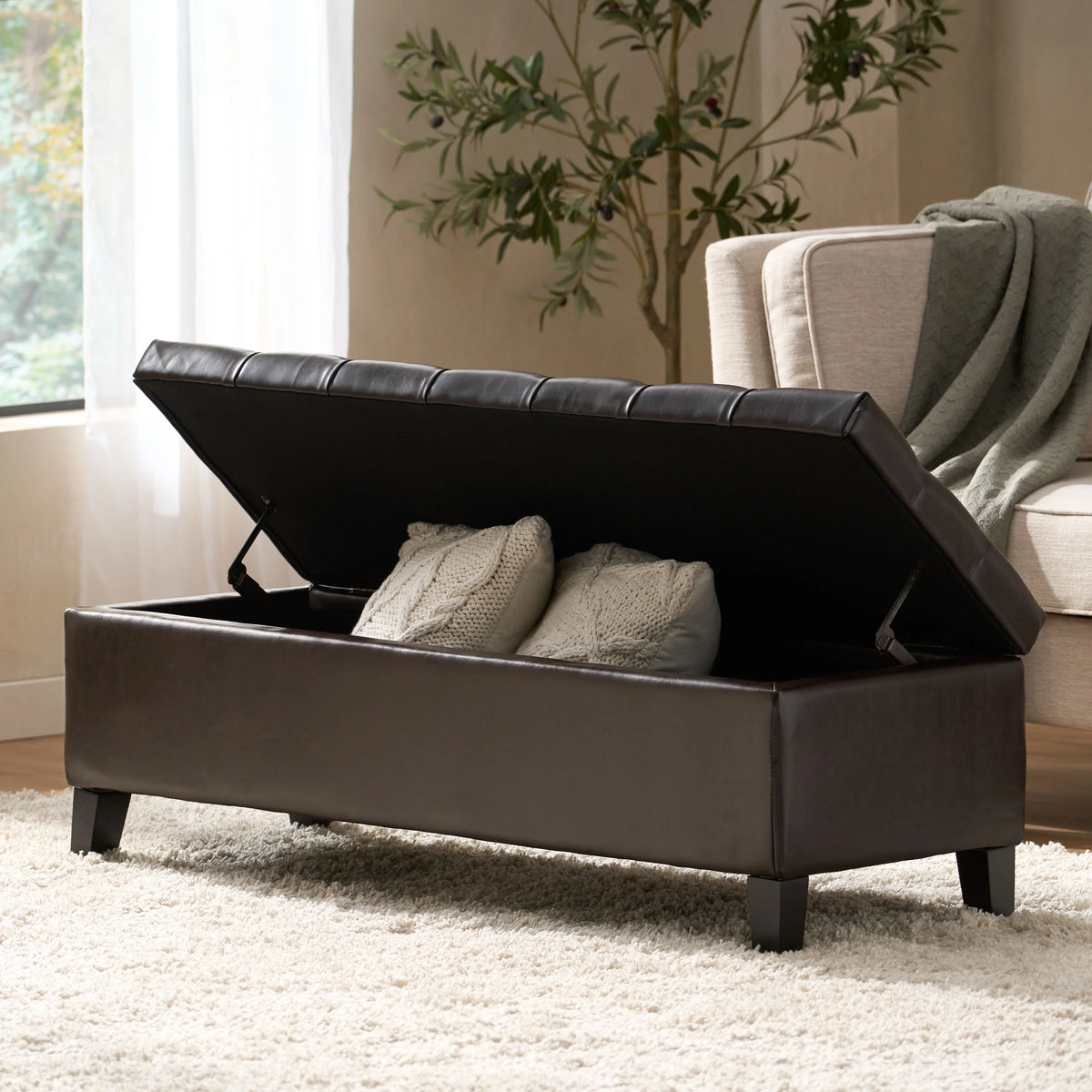Furniliving Modern Upholstered Button Tufted Storage Ottoman Entryway Bench, Ivory