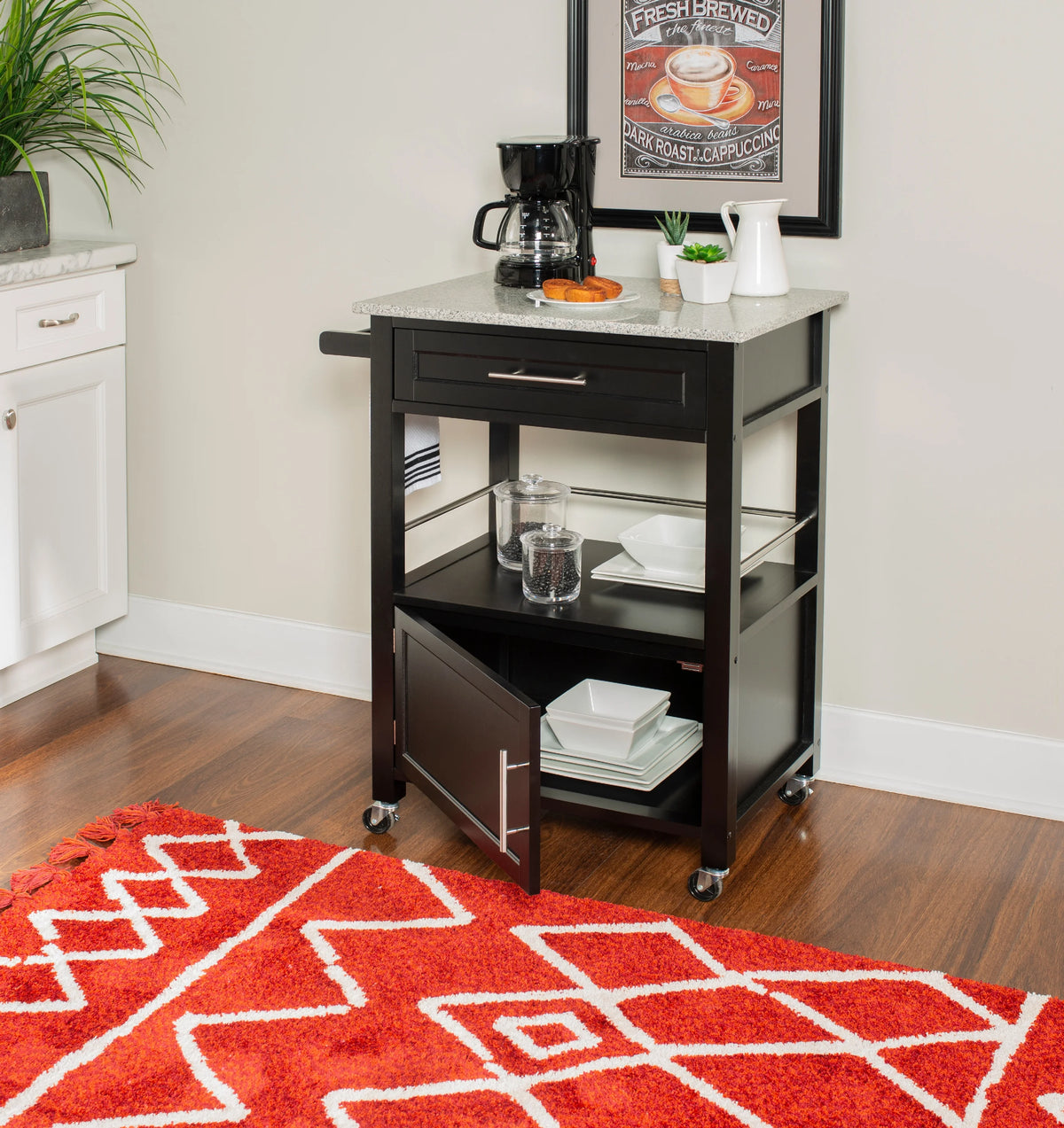Linon Monett 2-Tier Mobile Serving Cart with Gray Granite Top, 27.75" Length, White