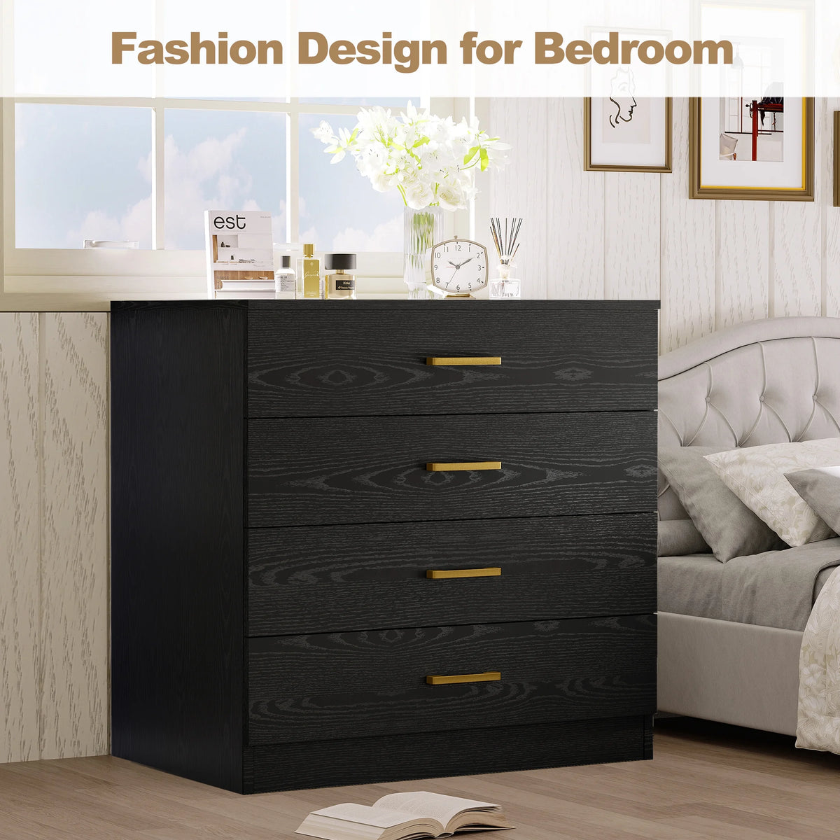 White 4-Drawer Wood Dressers for Bedroom