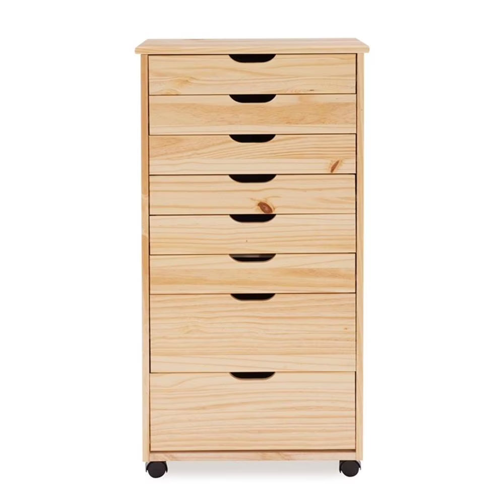 Linon Callie Eight Drawer Rolling Storage Cart in Natural Stained Wood