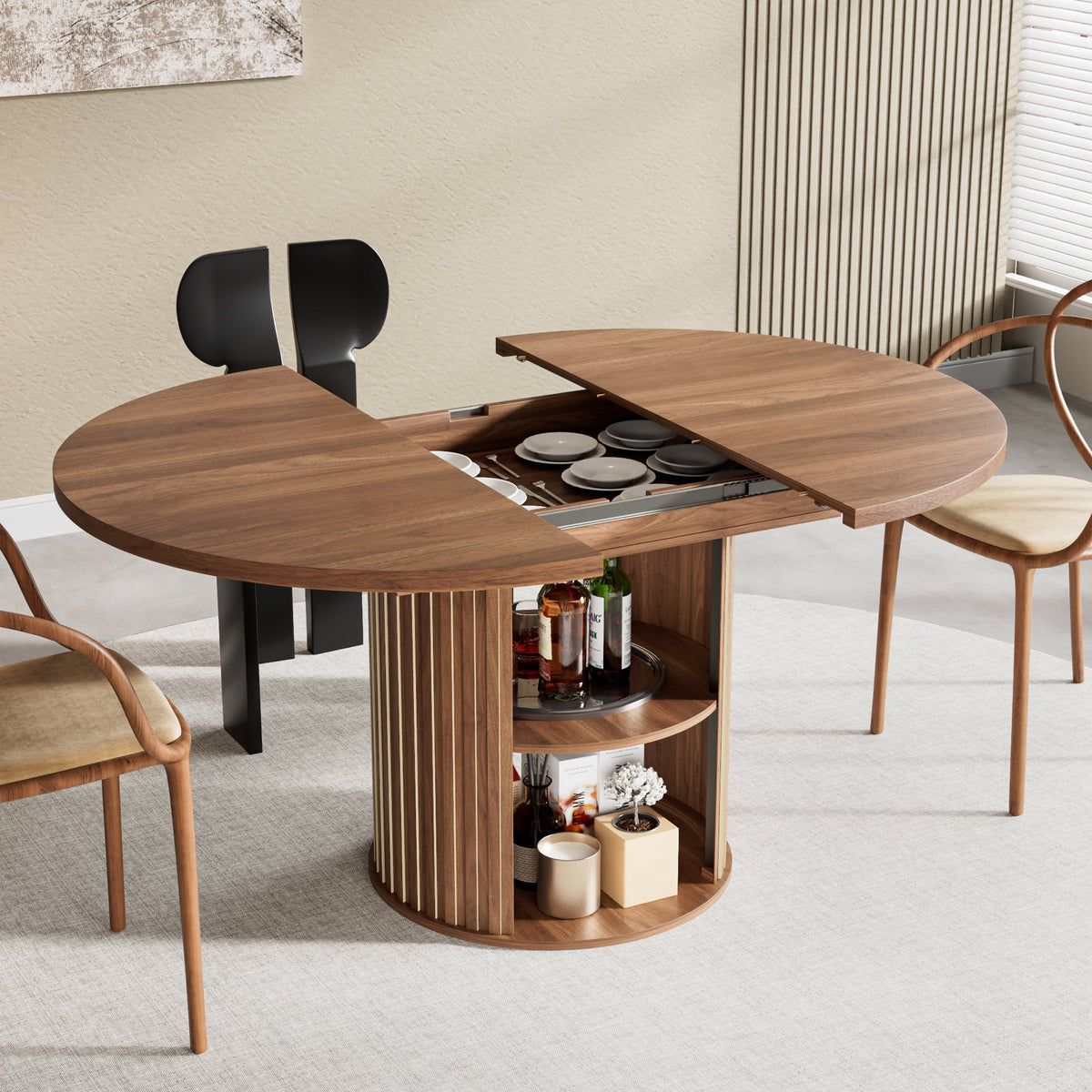 Extendable Dining Table for 4-6, Round Kitchen Table with Storage Shelf, Oval Dining Tables for Living Room (Walnut)