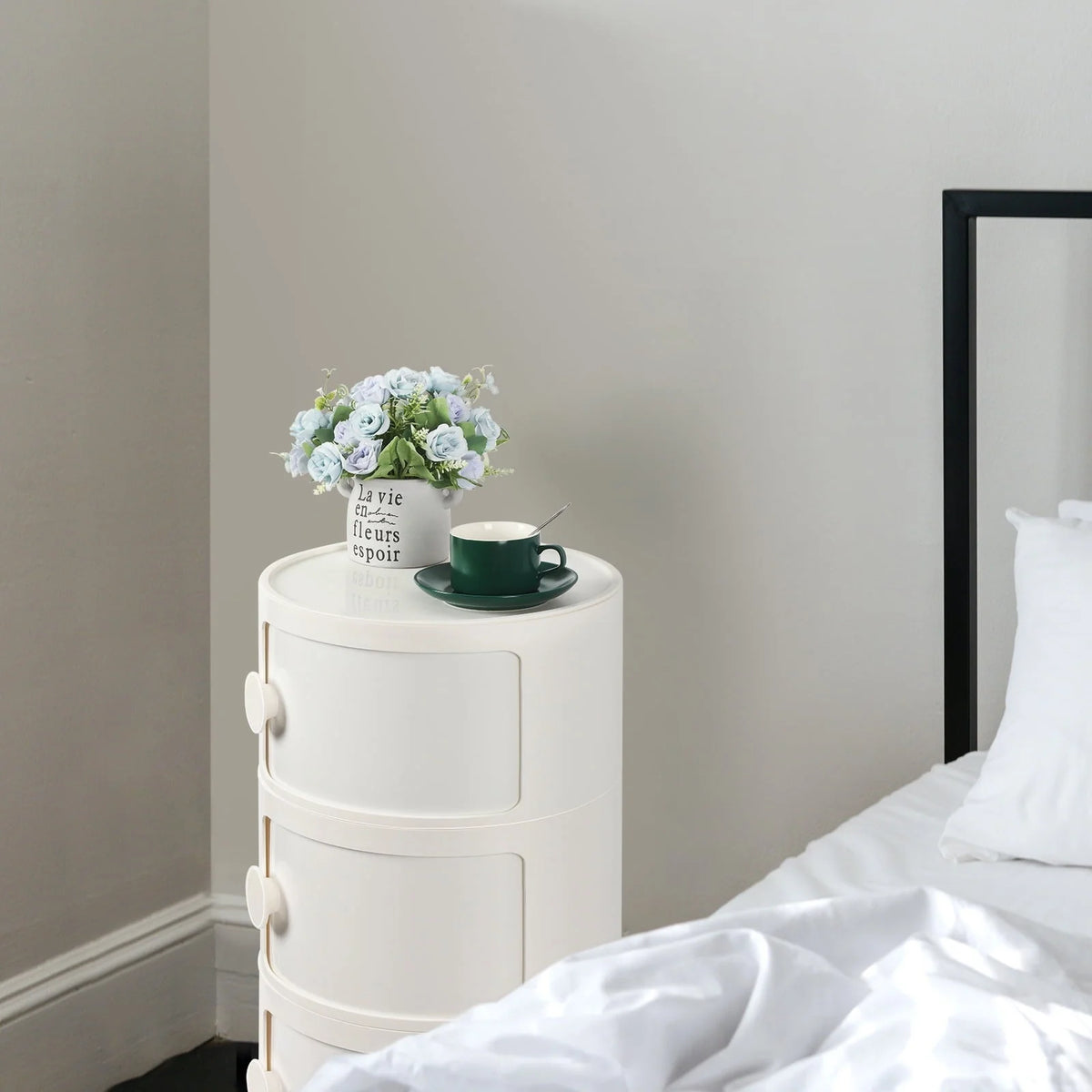 3 Drawer Sliding Barrel Modern Bedroom Nightstand, White