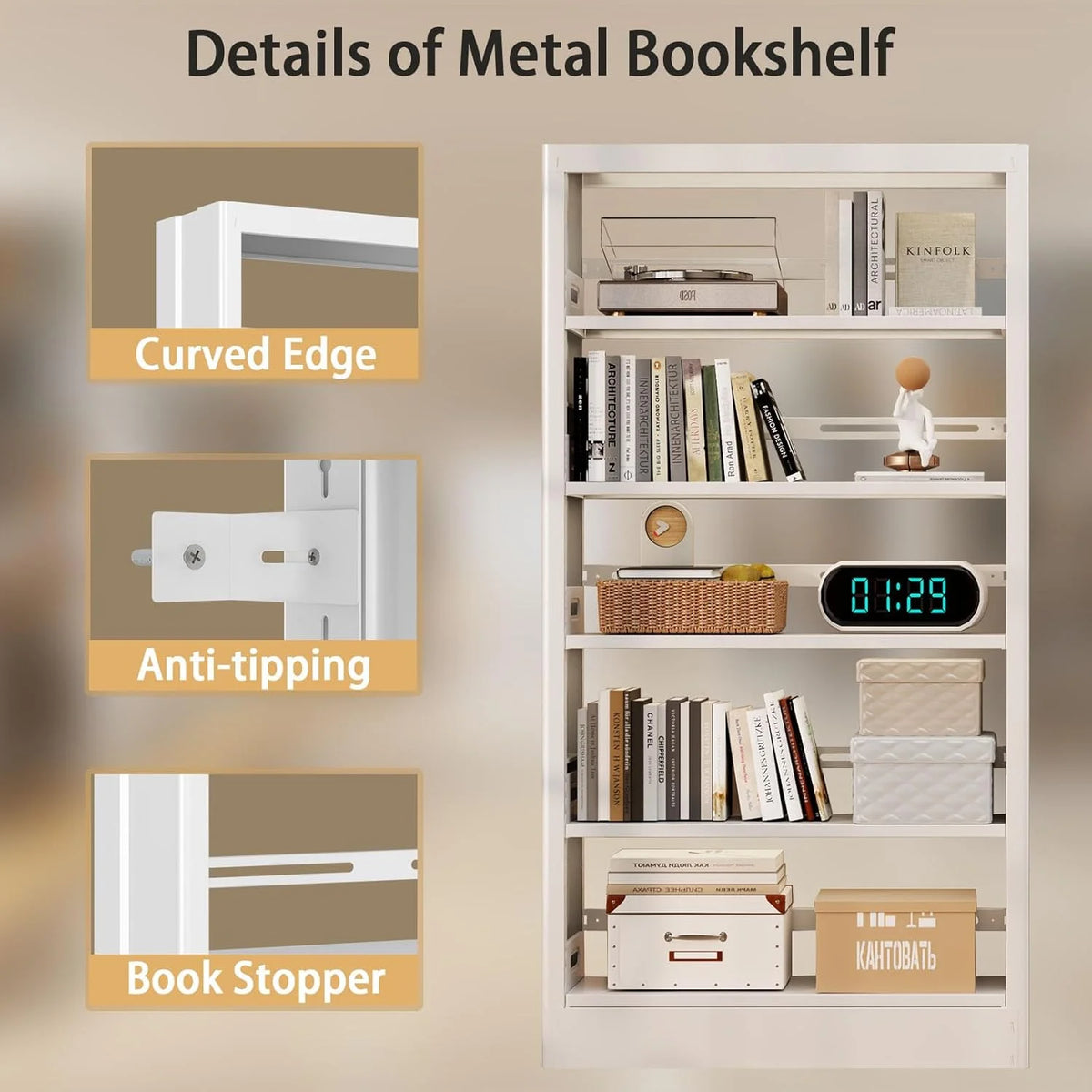 5 Tier White Metal Bookshelf, 71" H Bookcase with Adjustable Shelves,Heavy Duty Storage Bookshelves Tall Bookcase for Library,Office,Bedroom,Living Room,Classroom,Including Book Stopper(White)