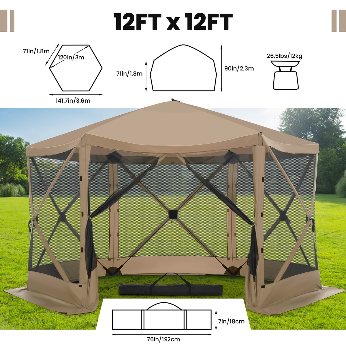 SANOPY 12'x12' Gazebo Outdoor Pop up Gazebo Screen Tent with 6 Sides Mosquito Netting Camping Gazebo Instant Shelter Glamping Tent with Carry bag, Ground Spike, Gray