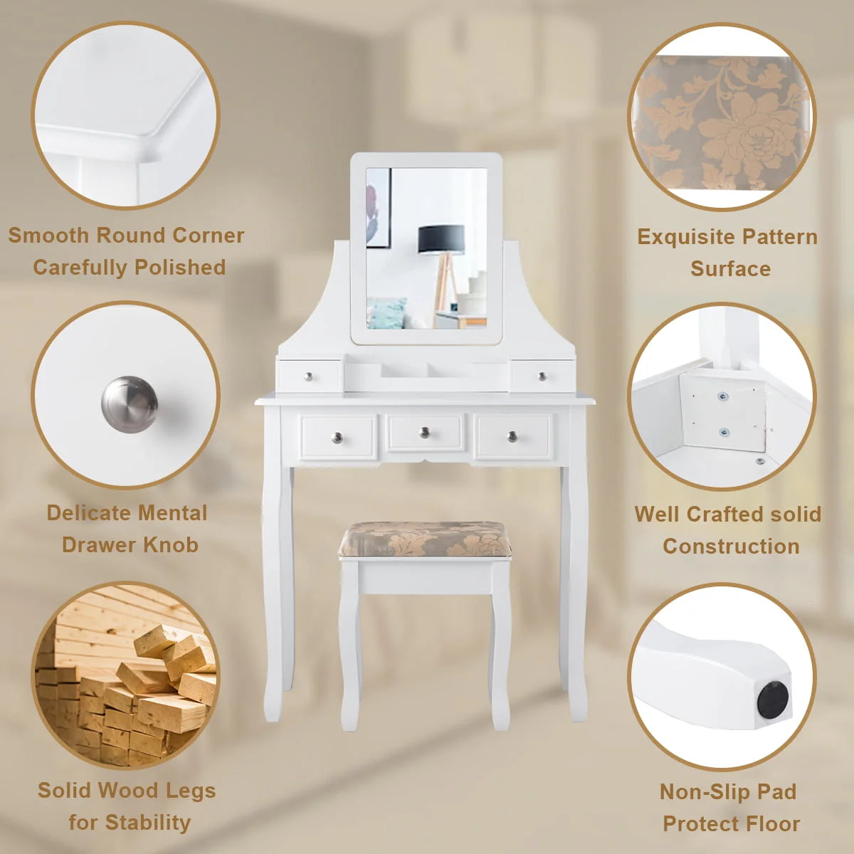 Gymax Vanity Set Makeup Dressing Table & Stool w/5 Drawers White