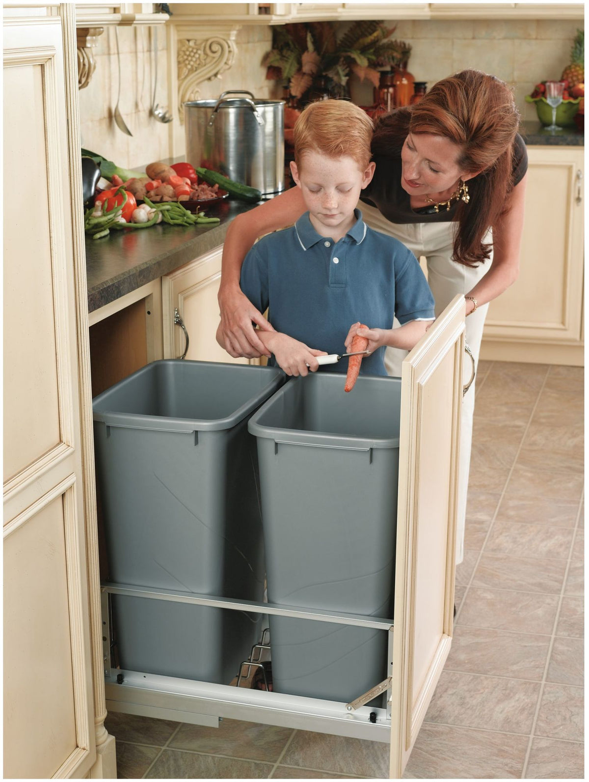 Rev-A-Shelf Double 50 Quart Pullout Cabinet Waste Container Trash Can, Gray
