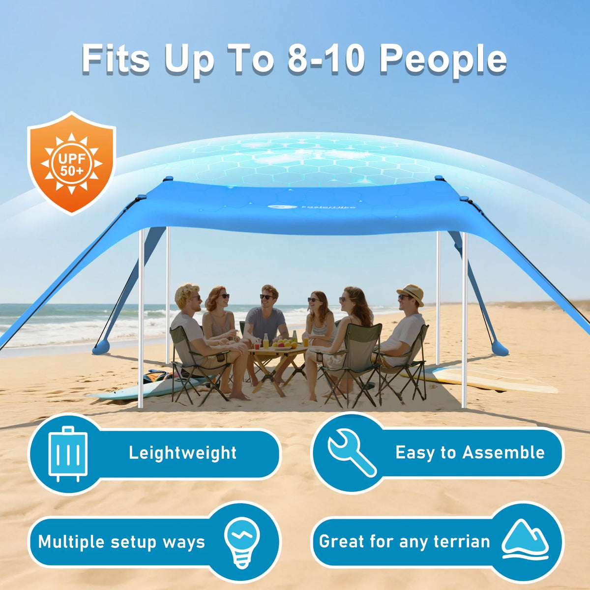 Easierhike 10'x10' Beach Tent Sun Shelter, UPF 50+ Windproof Beach Canopy for 8-10 People, Portable with Carry Bag, Easy Setup for Outdoor, Royal Blue