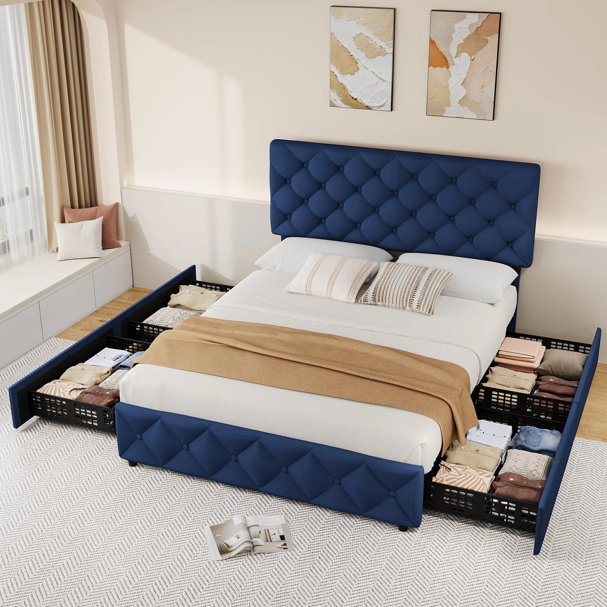 TROPOW Full Size Bed Frame,with 4 Storage Drawers and Adjustable Headboard, Linen Upholstered Platform Bed Frame, Diamond Stitched Button Tufted, No Box Spring Needed,White