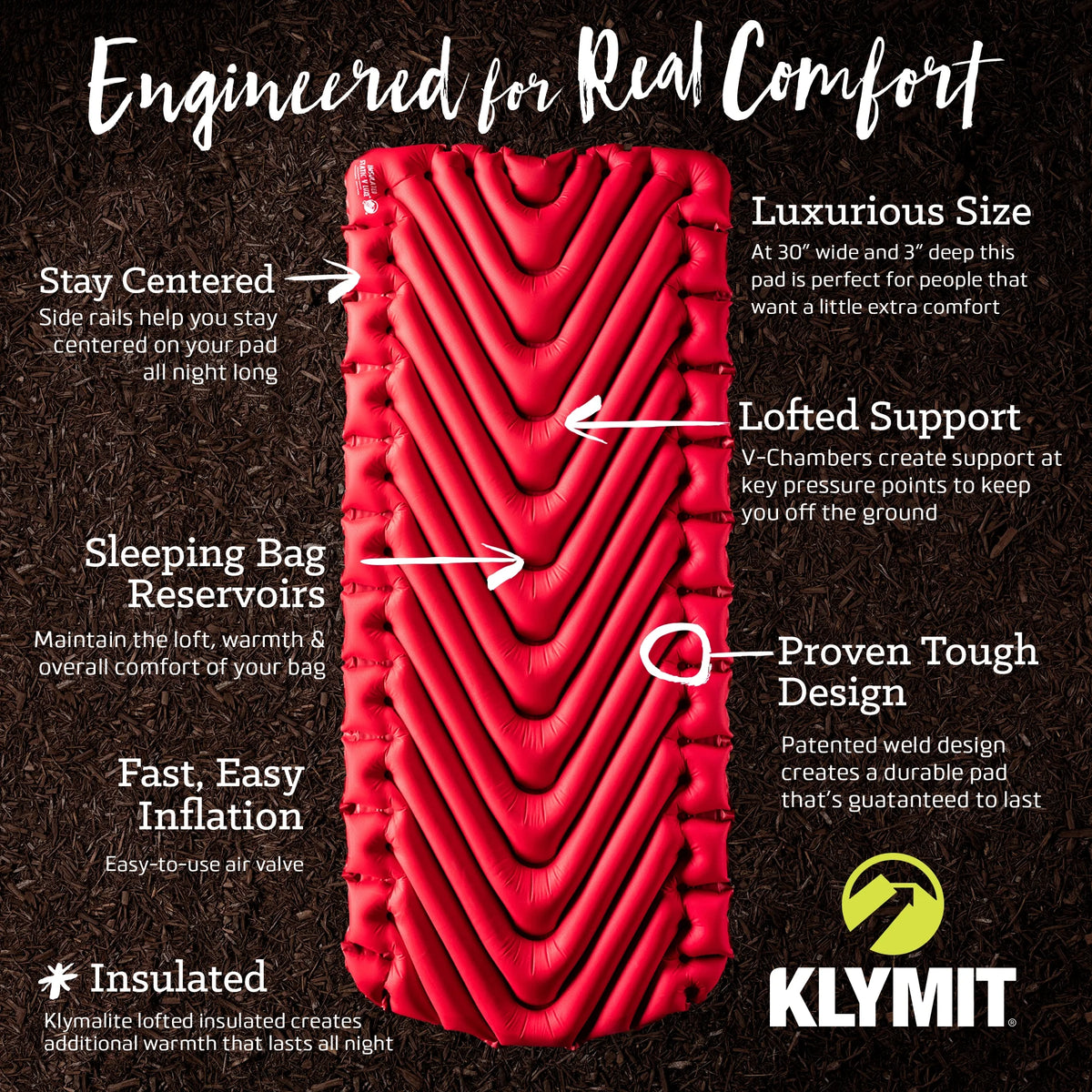 Klymit Insulated Static V Luxe Outdoor Camping Sleeping Pad, Red