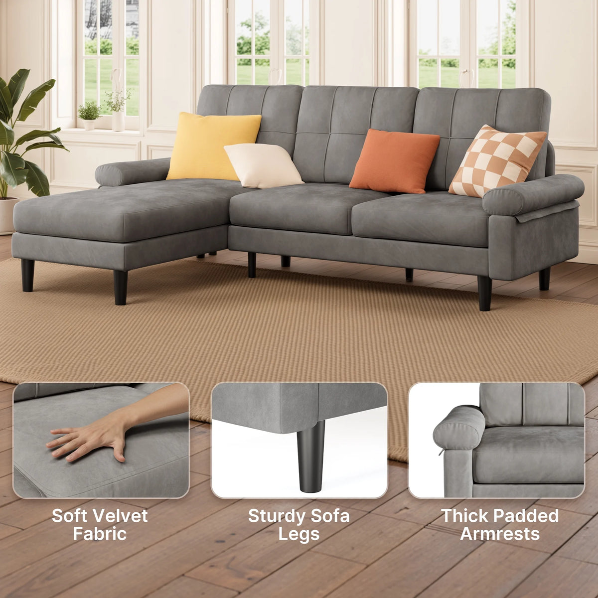 Lofka 82" L-Shaped Couches for Living Room, 3 Seat Convertible Sofa with Soft Velvet, Removable Pillows & Armrests, Thick 5.5" cushions, Dark Gray