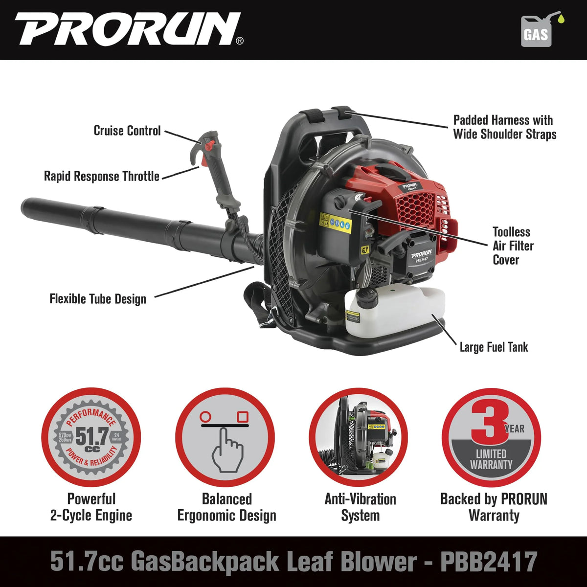 PRORUN 51.7cc 570 CFM 250 MPH Gas-Powered 2-Cycle Backpack Leaf Blower