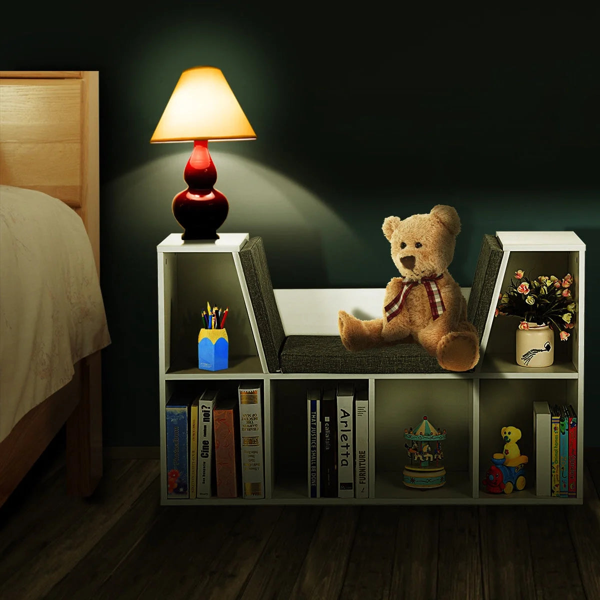 Costway 6 Cubby Kid Storage Cabinet Bookcase Multi-Purpose Shelf Cushioned Reading Nook