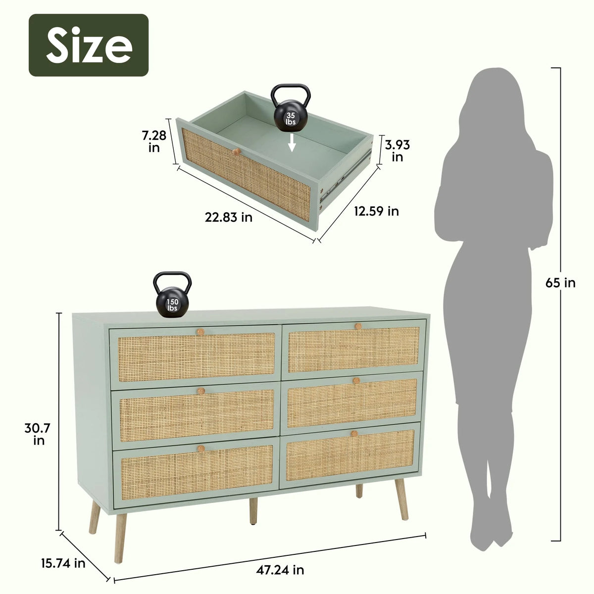 Brafabhome Rattan 6 Drawers Dresser for Bedroom, Vintage Boho Double Dresser Wicker Chest with Wooden Legs for Living Room Hallway| Mint