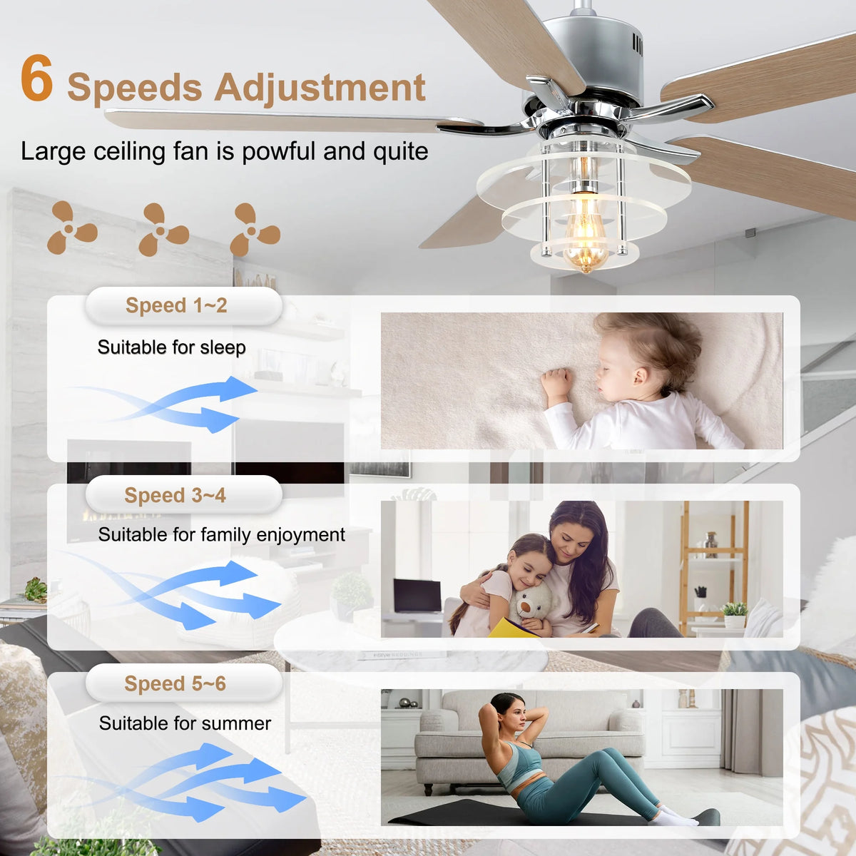 Bella Depot 52" Modern Black Ceiling Fan 6-Speed Reversible with Light and Remote Control