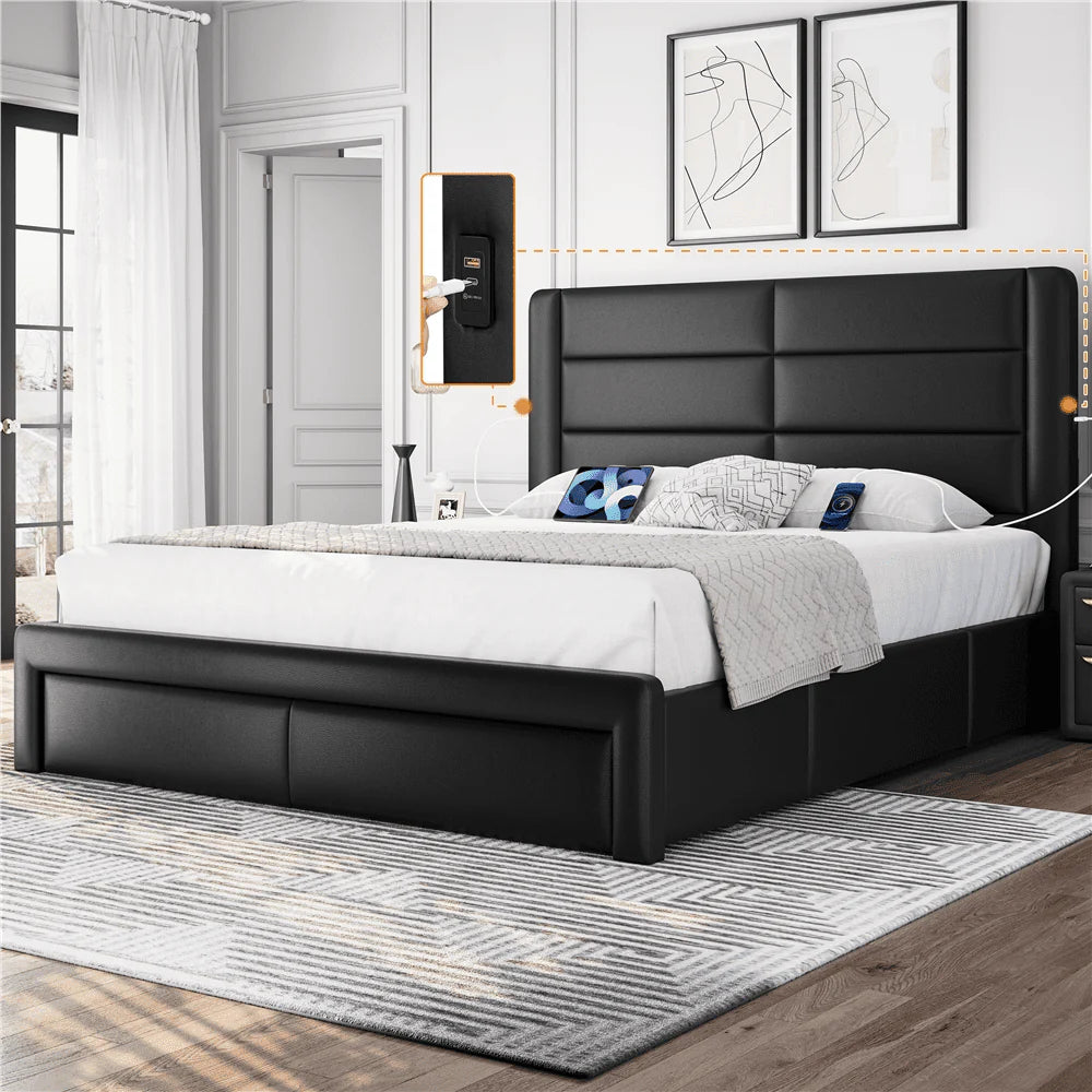Easyfashion Upholstered Platform Queen Bed with 3 Storage Drawers and Built-in USB Ports, Black