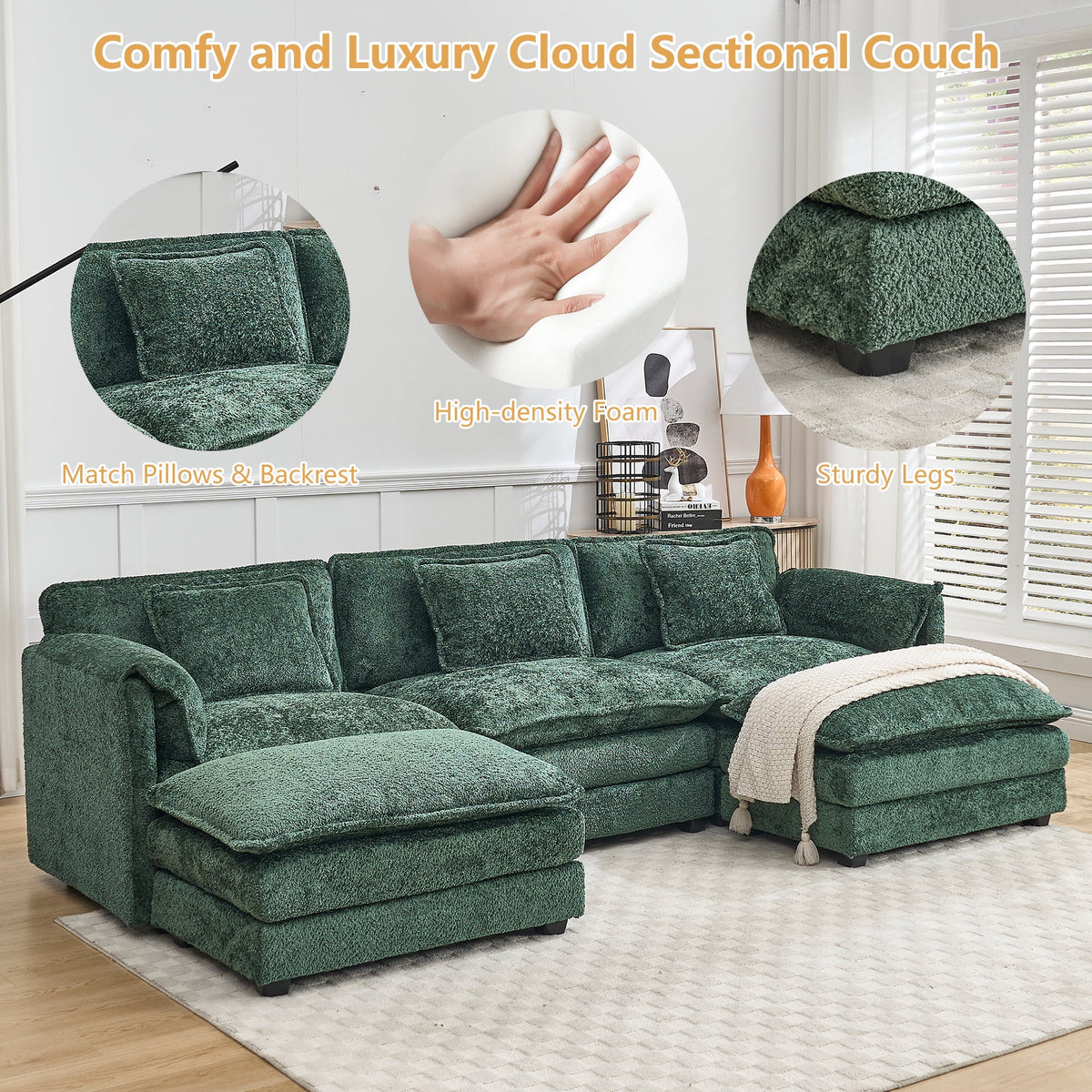 GNIXUU 112" Oversized Sectional Sofa Cloud Couch for Living Room, Modern Chenille L Shaped Couch, Comfy Boucle Modular Sofa Sleeper with Moveable Ottoman & Memory Foam (Green)