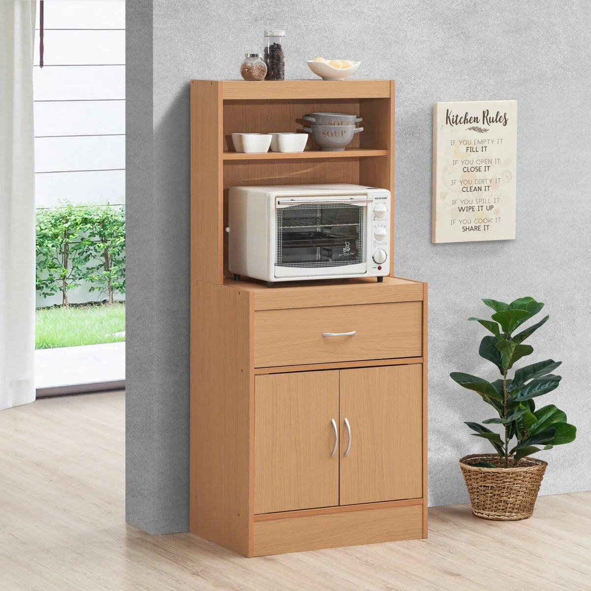 54" Tall Open Shelves, 1-Drawer and Bottom Enclosed Storage Kitchen Cabinet