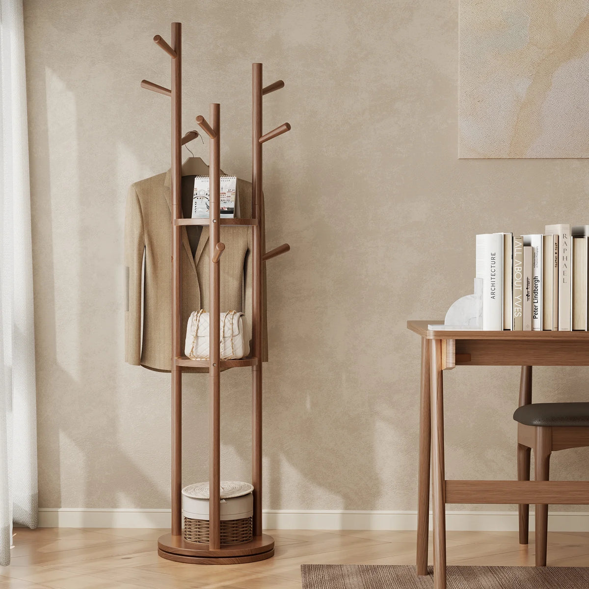 KASLANDI Solid Wood Rotary Coat Rack with 3 Shelves & 9 Hooks, Freestanding Hall Tree Stand, Coat Tree for Entryway, Living Room, Walnut, Easy Assembly