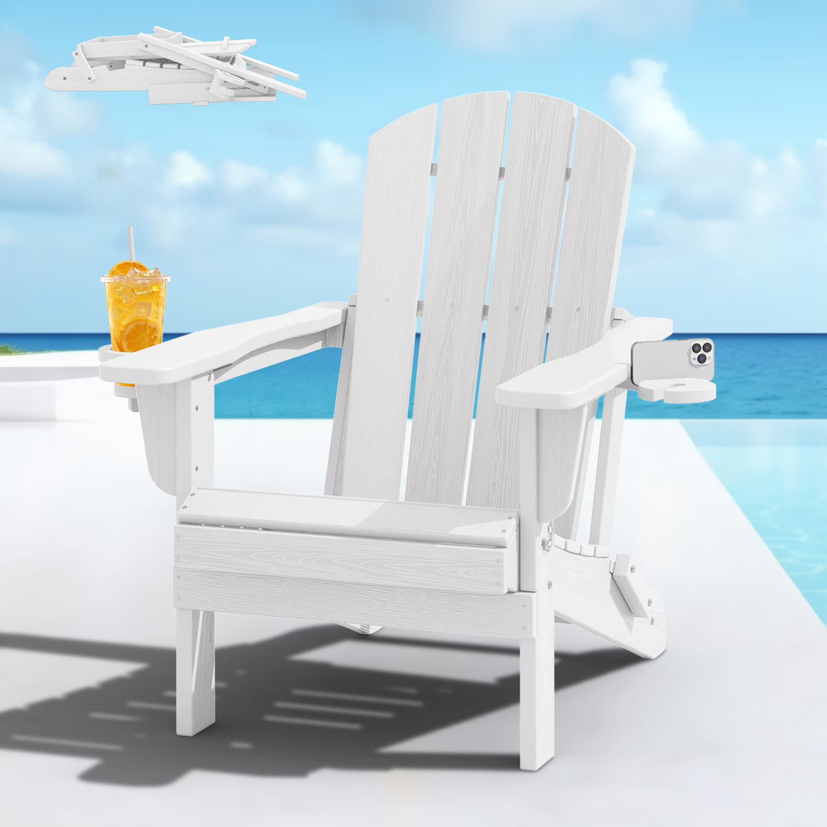 SERWALL Folding Adirondack Chair Set with Dual Cup Holders & Phone Holder, All-Weather HDPE Fire Pit Chairs for Outdoor, Patio, Poolside, Garden - Black