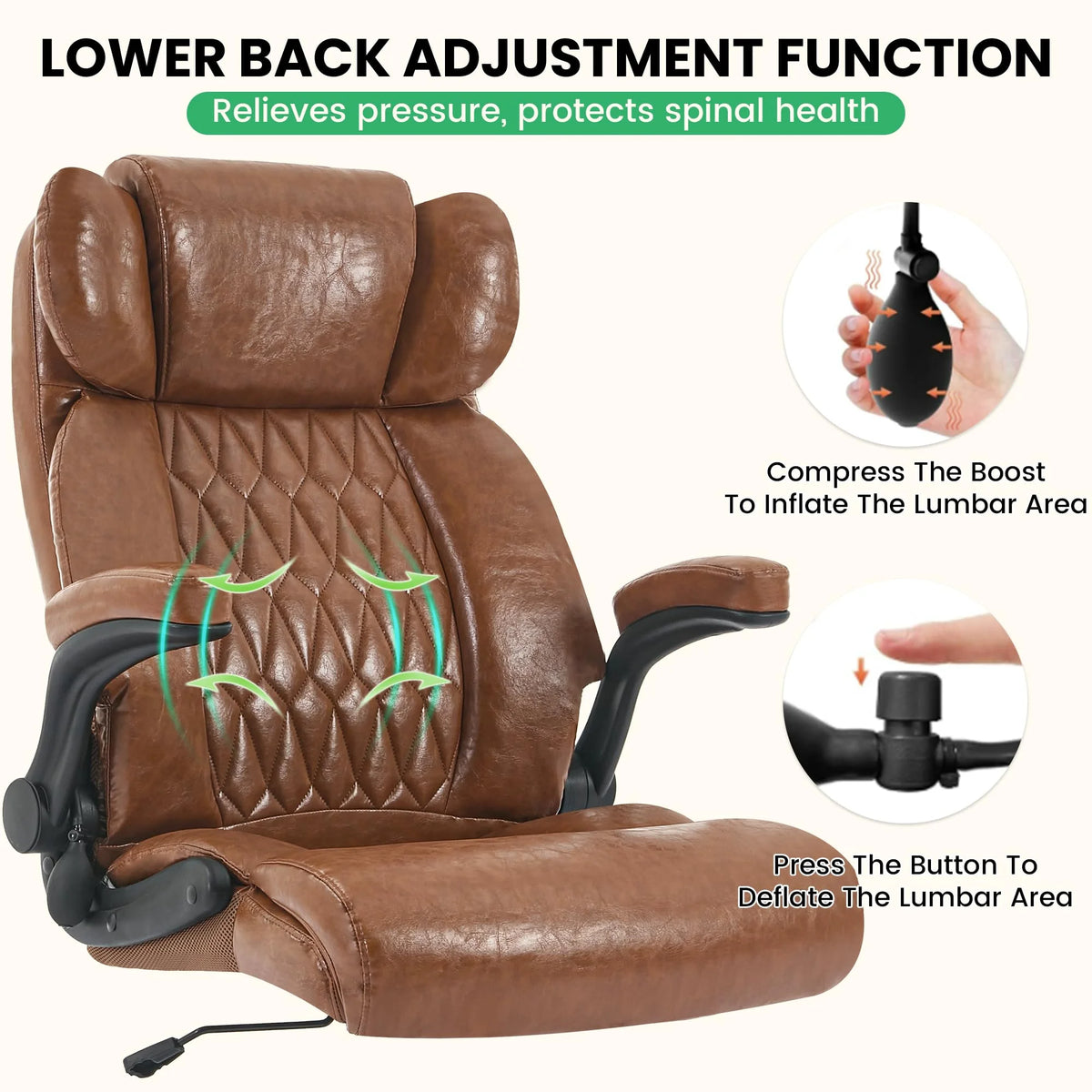 Ninecer 500lbs Big and Tall Office Chair with Inflatable Lumbar Support, Ergonomic Executive Desk Chair with Extra Wide Seat, Adjustable Height Computer Chair, Heavy Duty Leather Office Chair, Black